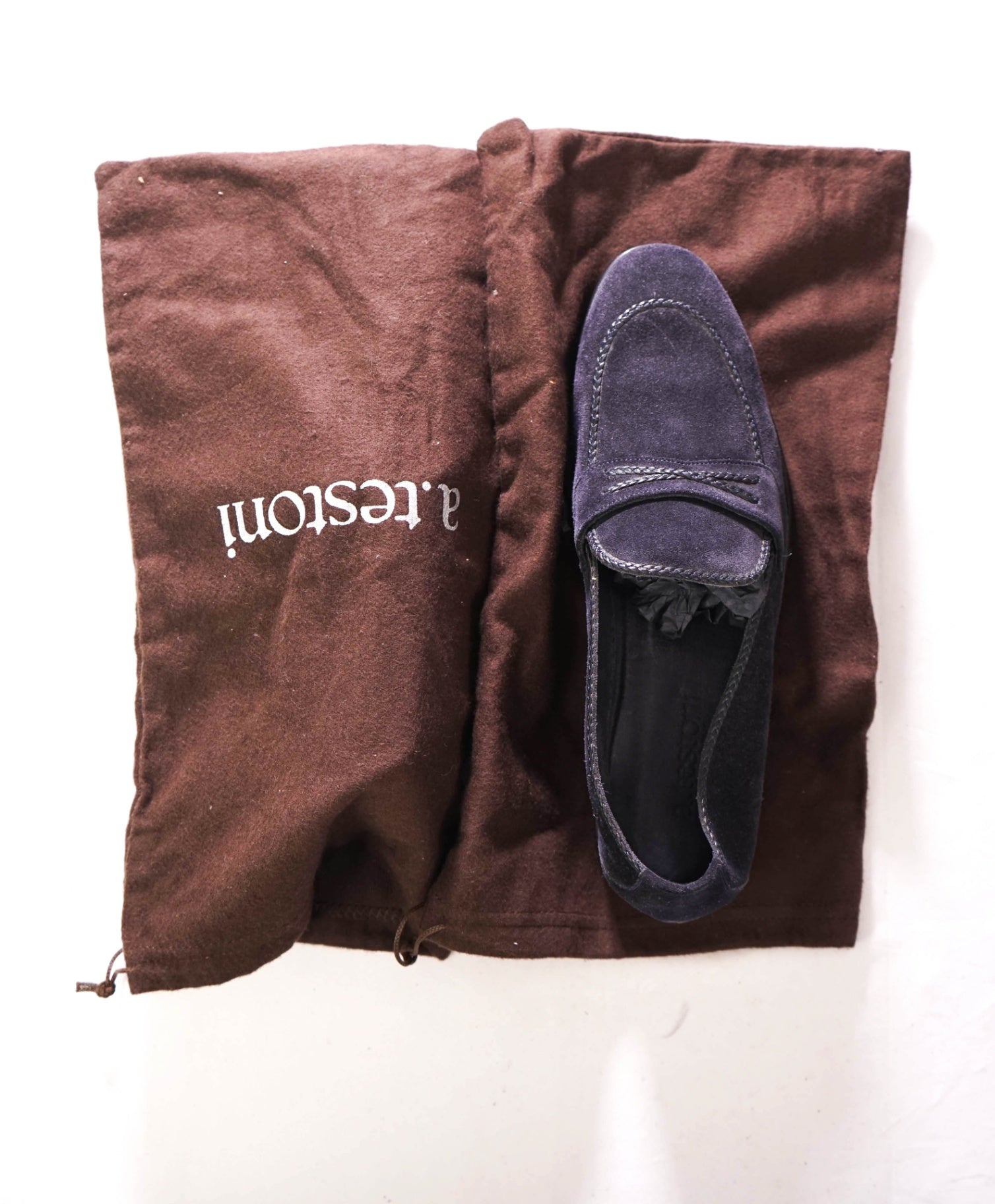 $1,100 A.TESTONI - Navy Unlined Suede Moc Penny Loafer - 8