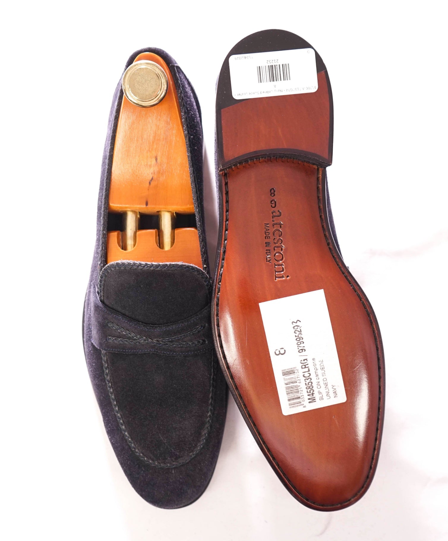 $1,100 A.TESTONI - Navy Unlined Suede Moc Penny Loafer - 8