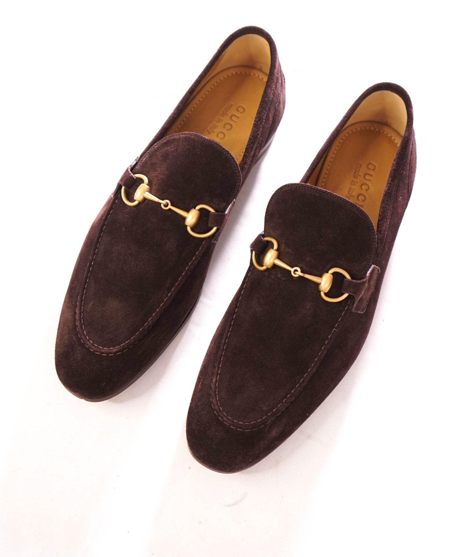 $1,090 GUCCI - JORDAAN Brown/Gold Suede Loafers - 11 (G10.5)