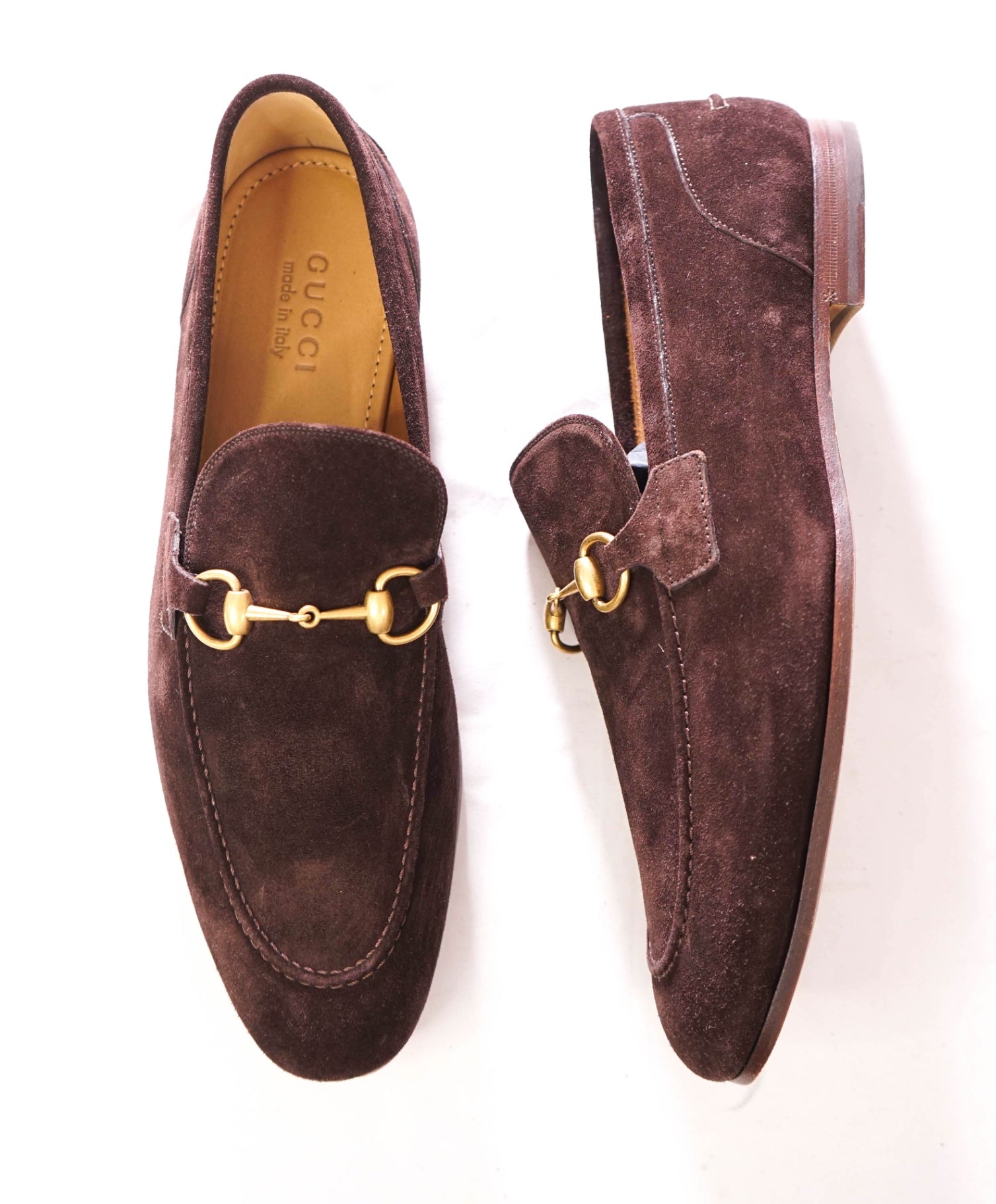 $1,090 GUCCI - JORDAAN Brown/Gold Suede Loafers - 11 (G10.5)