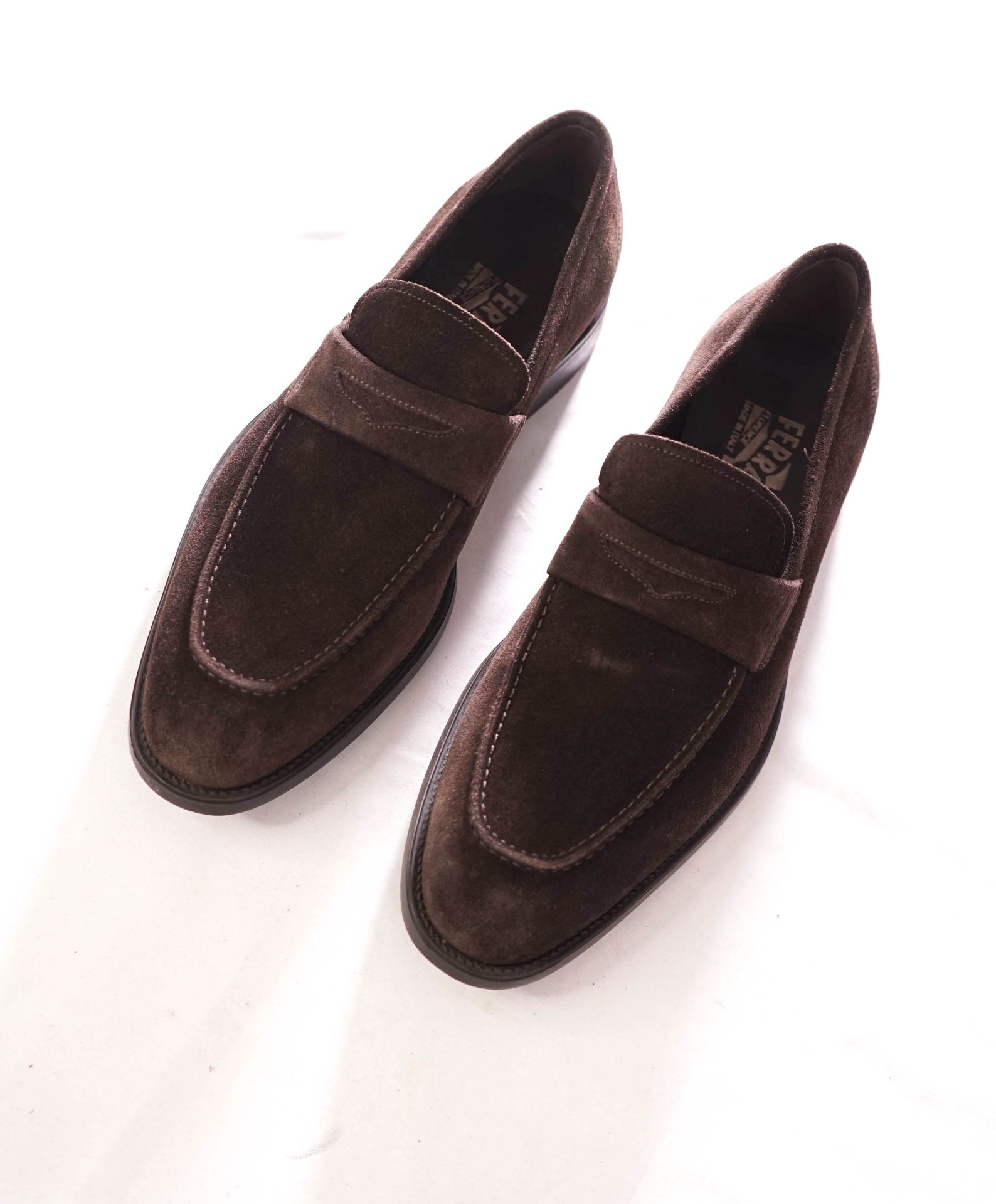 $850 FERRAGAMO - Brown Suede Penny Loafers - 7 EE