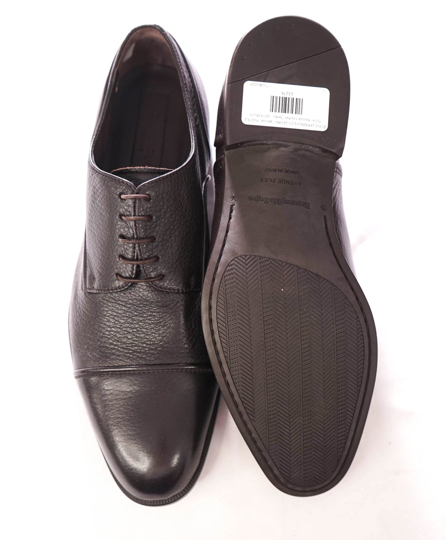 $1,150 ZEGNA - Brown "AVENUE FLEX" Pebble Leather Derby - US 9 (8UK)