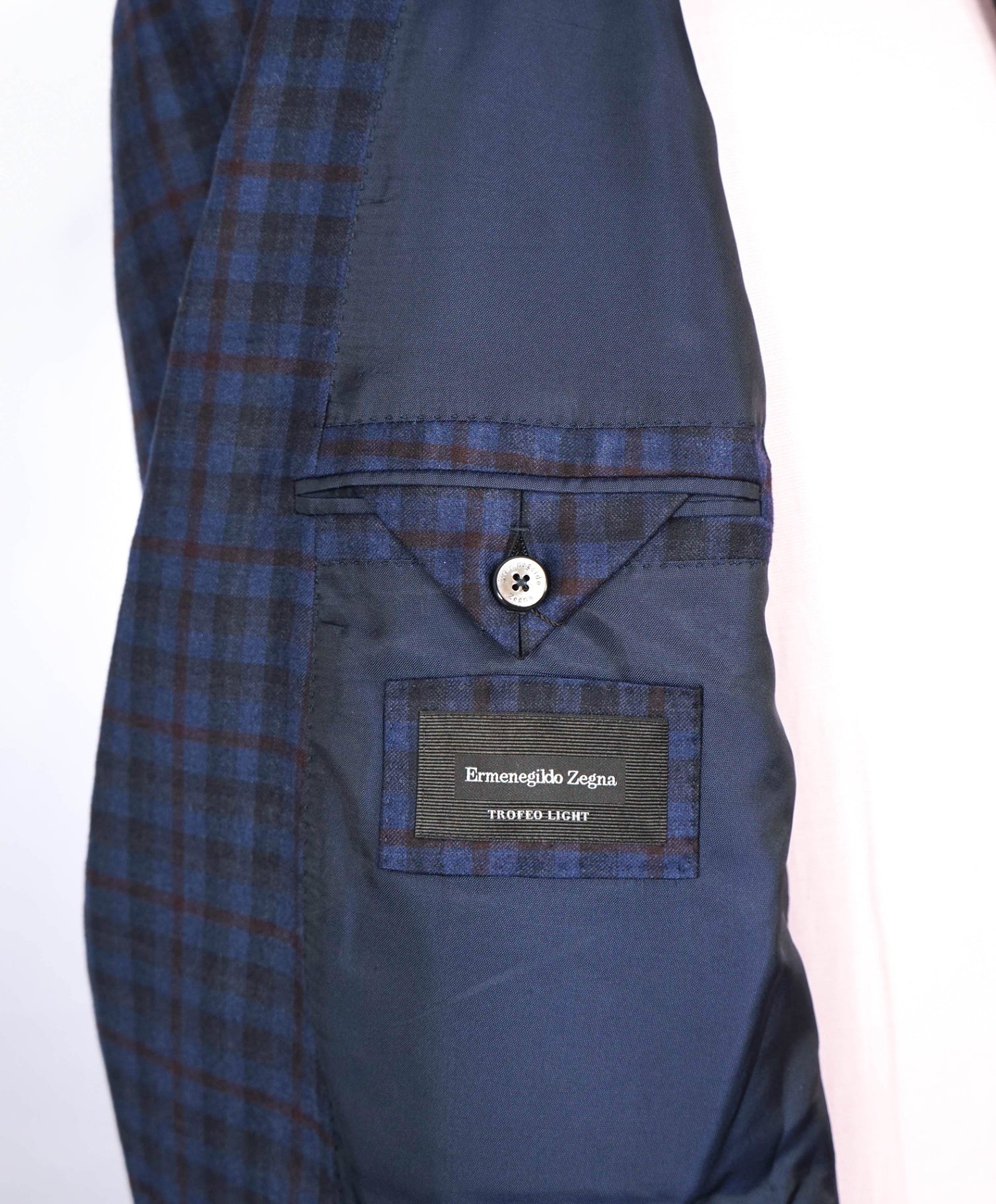 $3,290 ZEGNA - "TROFEO LIGHT" Blue/Burgundy Plaid Flannel Blazer - 48R