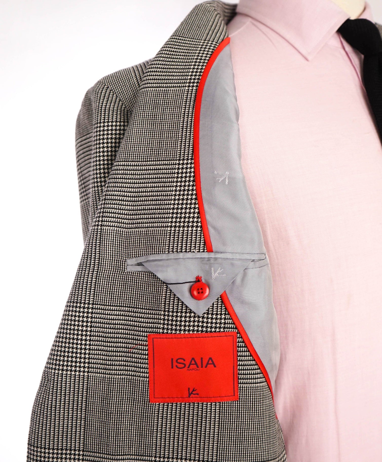 $2,995 ISAIA - Ivory/Black Plaid Houndstooth Flannel Wool Blazer - 46R