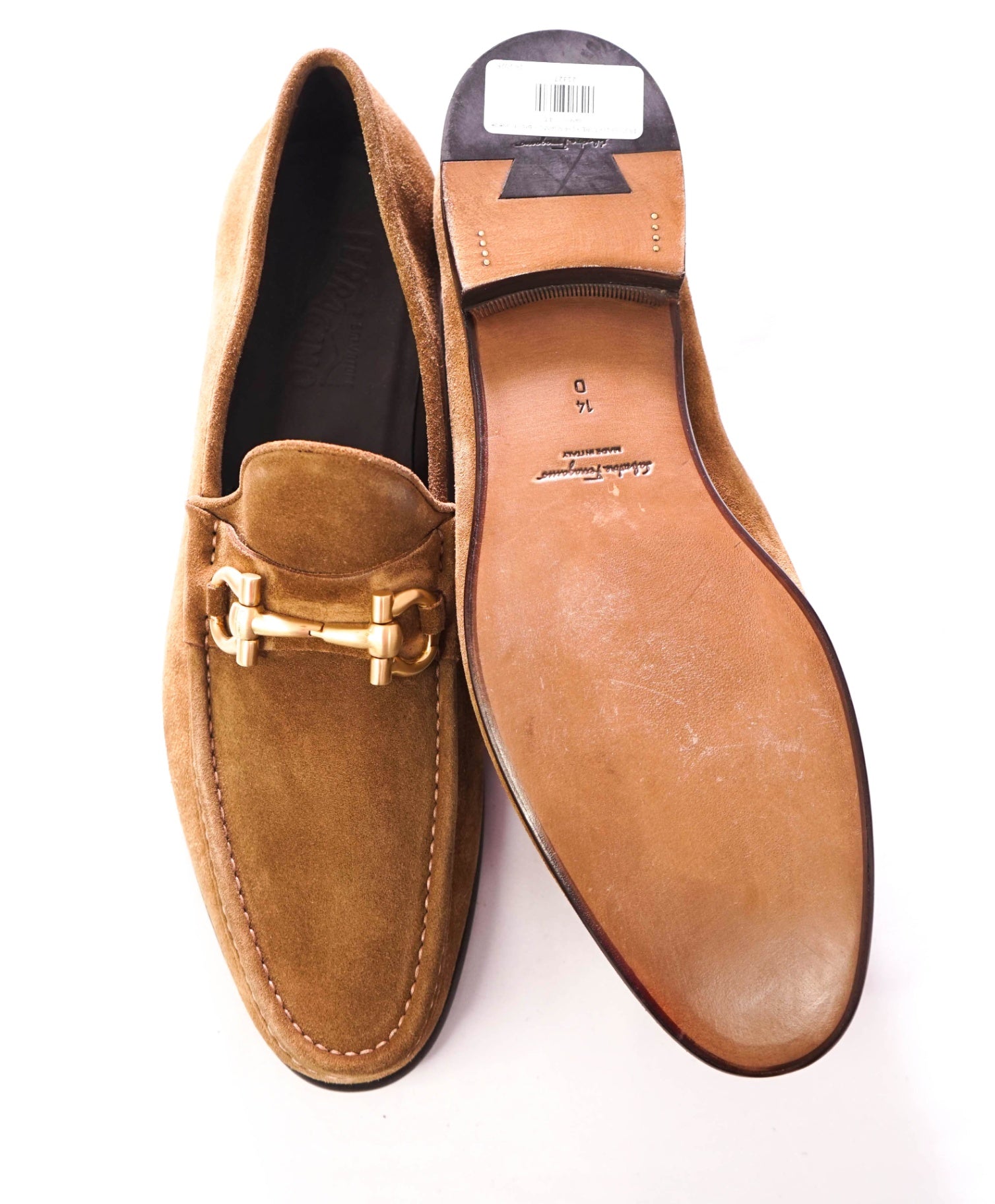 $850 FERRAGAMO - "MASON" Brown Gold Suede Loafers - 14 D