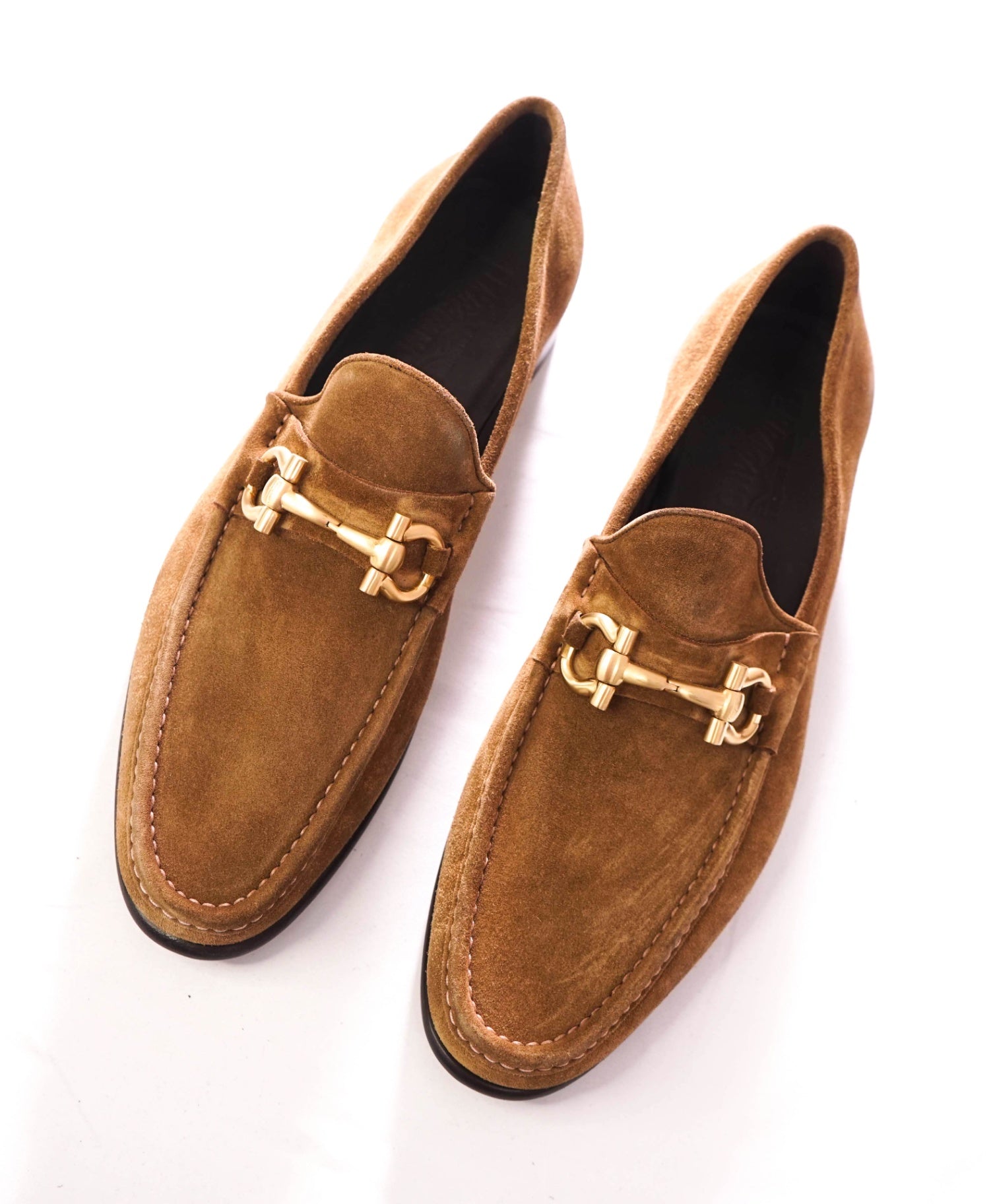 $850 FERRAGAMO - "MASON" Brown Gold Suede Loafers - 14 D