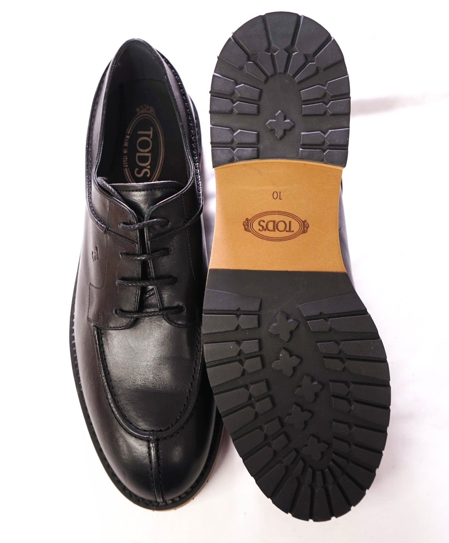 $985 TOD'S - Black Leather LUG SOLE Derby - US 11 (UK10)