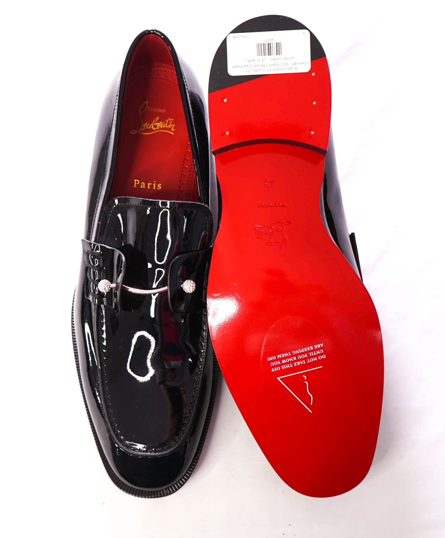 $1,295 CHRISTIAN LOUBOUTIN - *CHAMBELIMOC NIGHT STRASS* Black Patent Leather Loafers - US 10 (43EU)