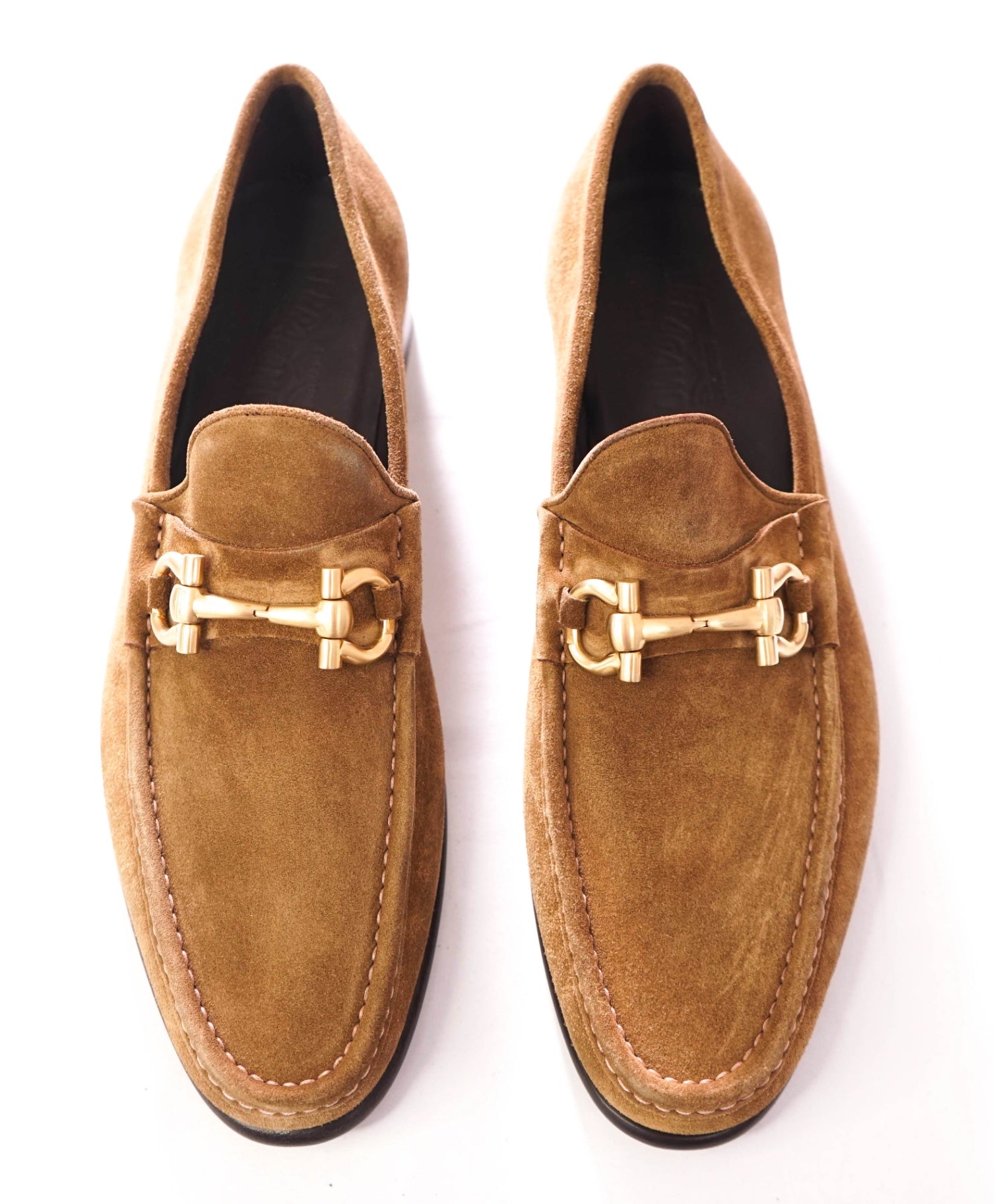 $850 FERRAGAMO - "MASON" Brown Gold Suede Loafers - 14 D