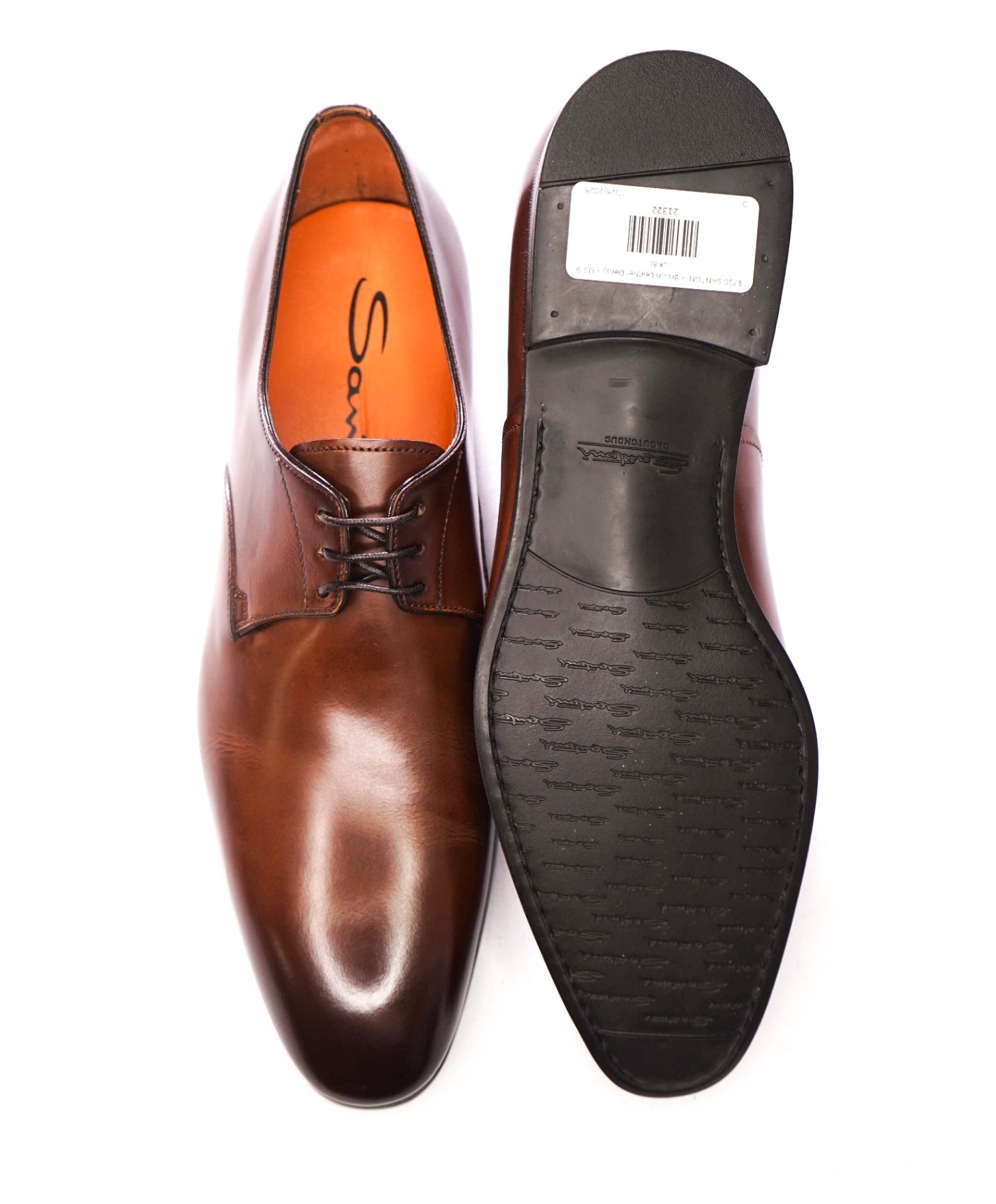 $750 SANTONI - 3-Eylet Patina Brown Leather Derby - US 9 (UK8)