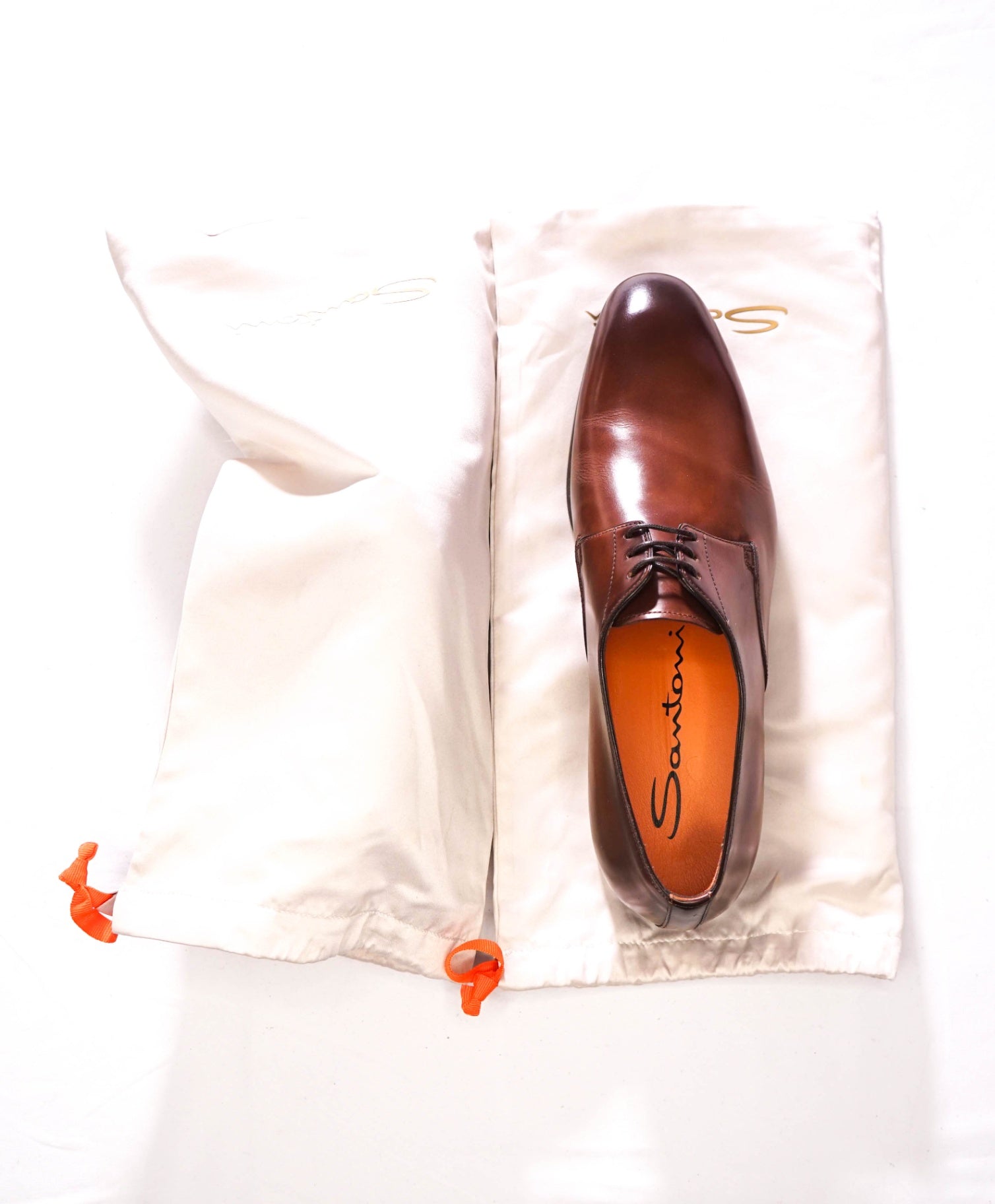 $750 SANTONI - 3-Eylet Patina Brown Leather Derby - US 9 (UK8)
