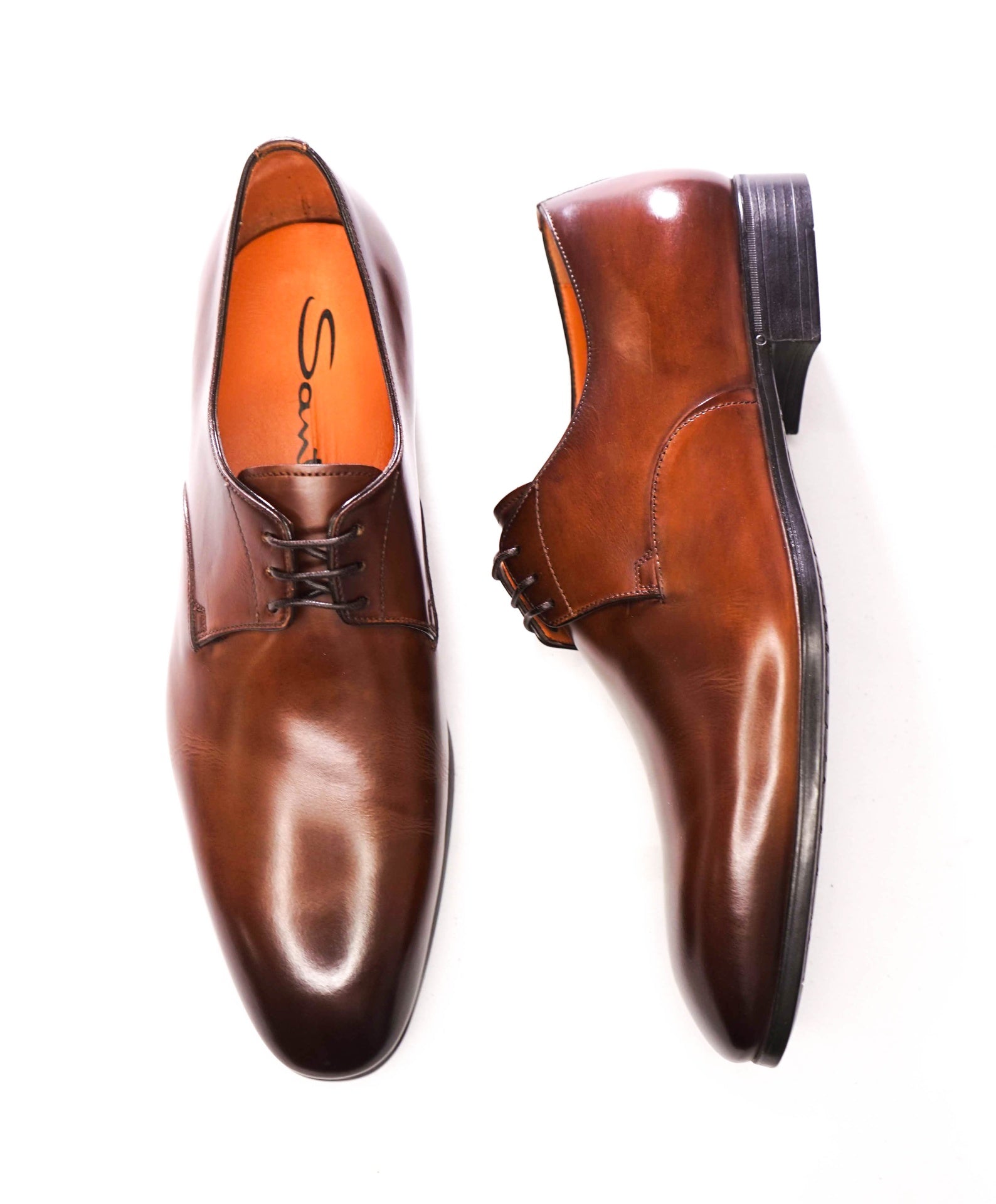 $750 SANTONI - 3-Eylet Patina Brown Leather Derby - US 9 (UK8)