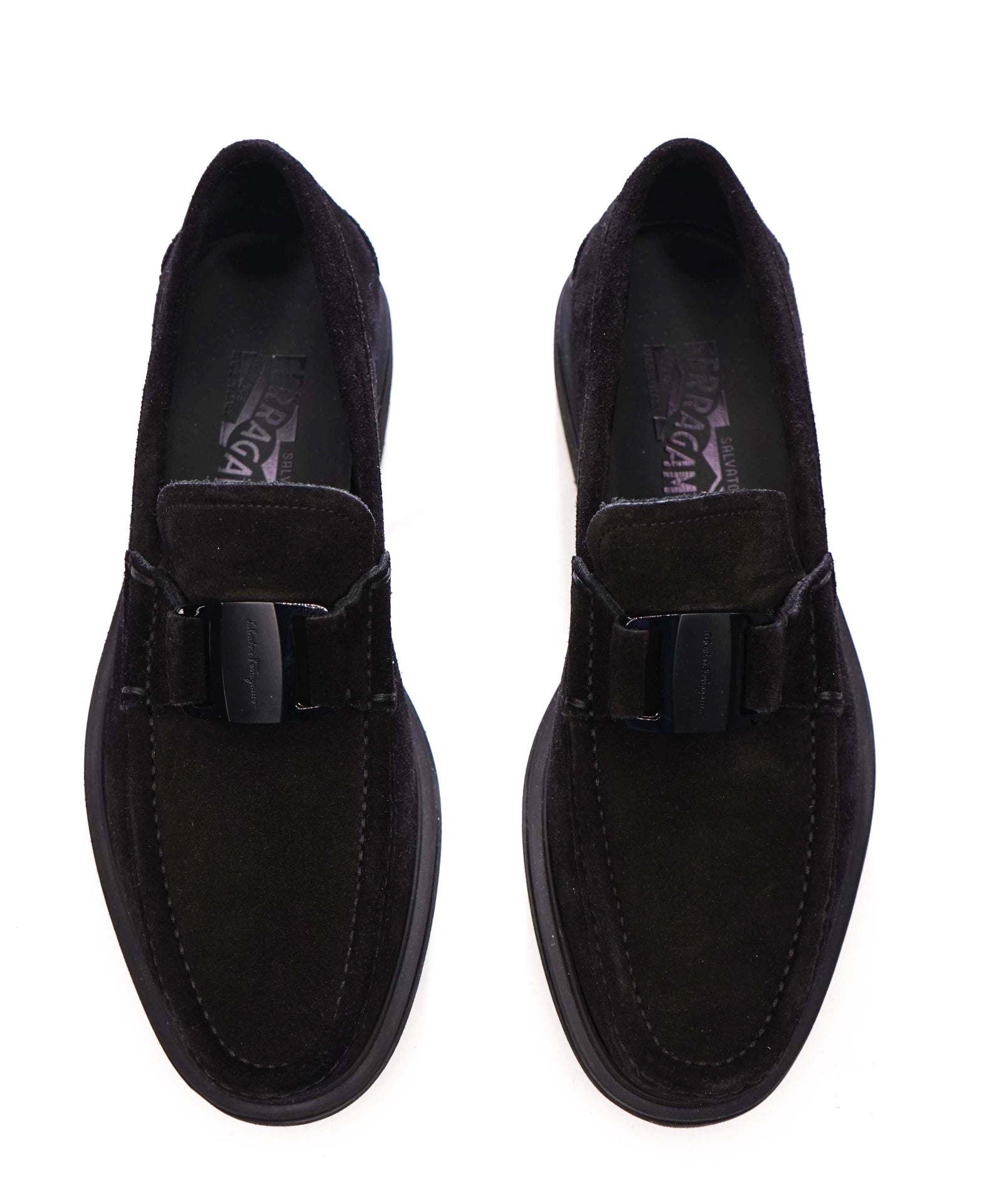 $850 FERRAGAMO - Black Suede *GRIMES* Sardegna Buckle Loafers - 8 D