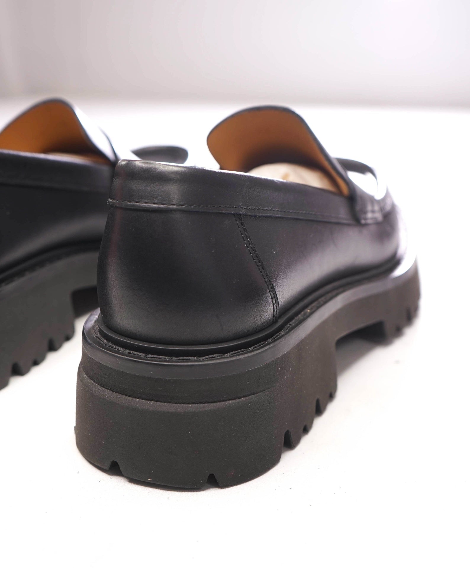 $995 FERRAGAMO - Leather Black "FERGAL" Lug Sole Loafers - 10.5 EE