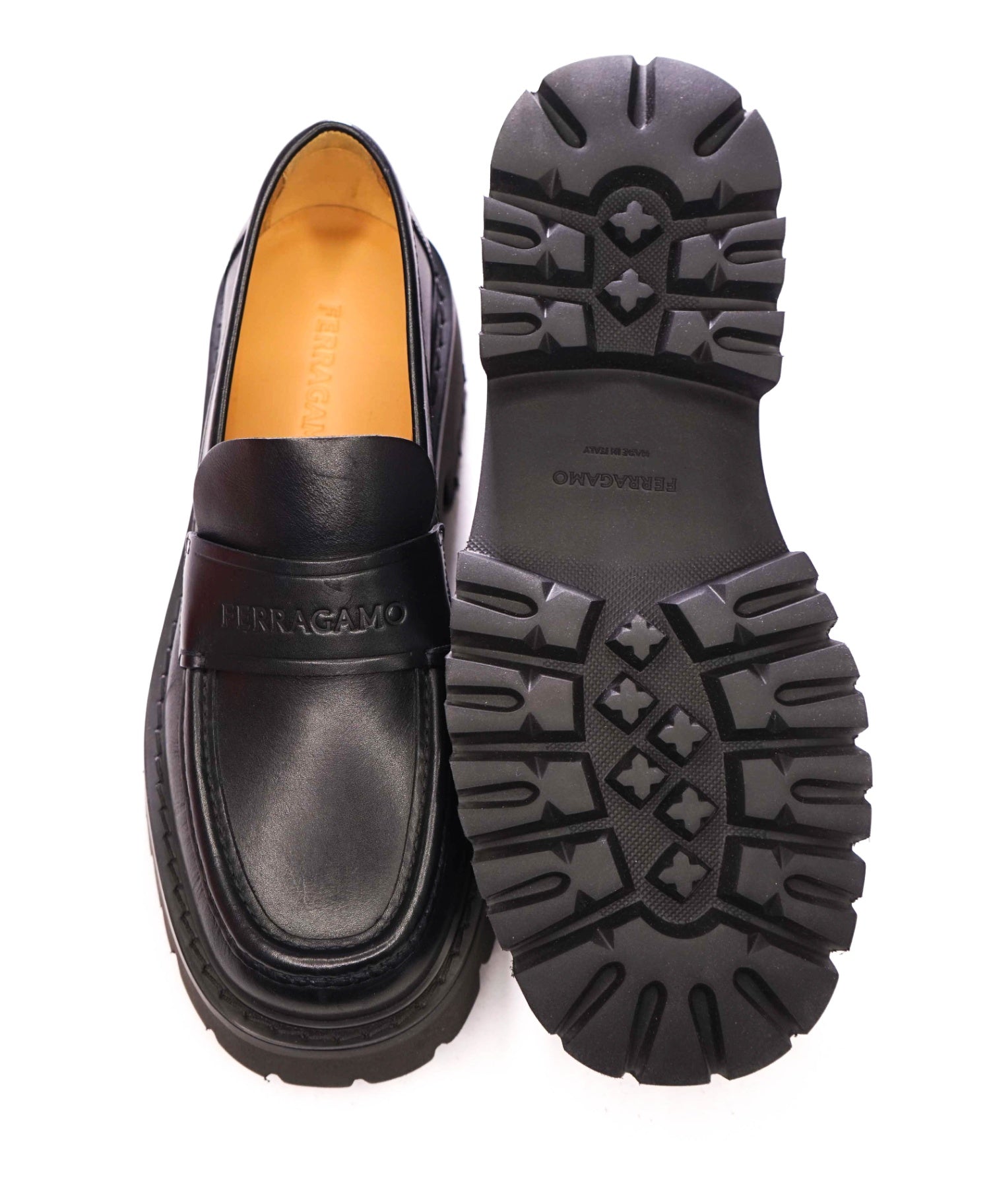 $995 FERRAGAMO - Leather Black "FERGAL" Lug Sole Loafers - 10.5 EE
