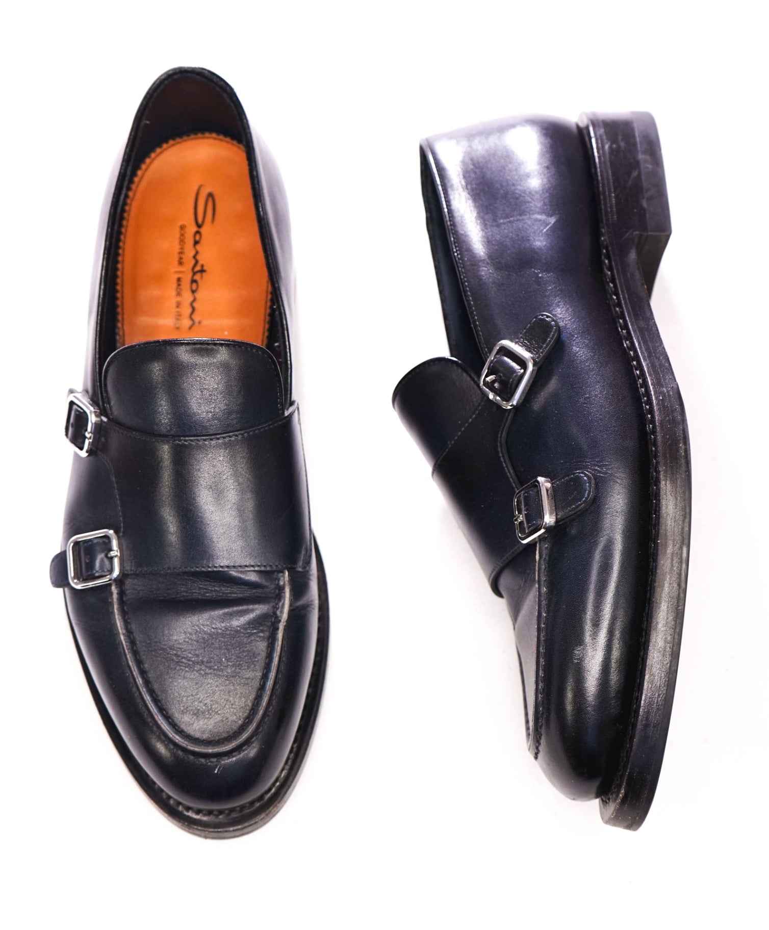 $1,595 SANTONI - *GOODYEAR* Navy Blue Leather Monk Loafers - US 9.5 (UK 8.5)