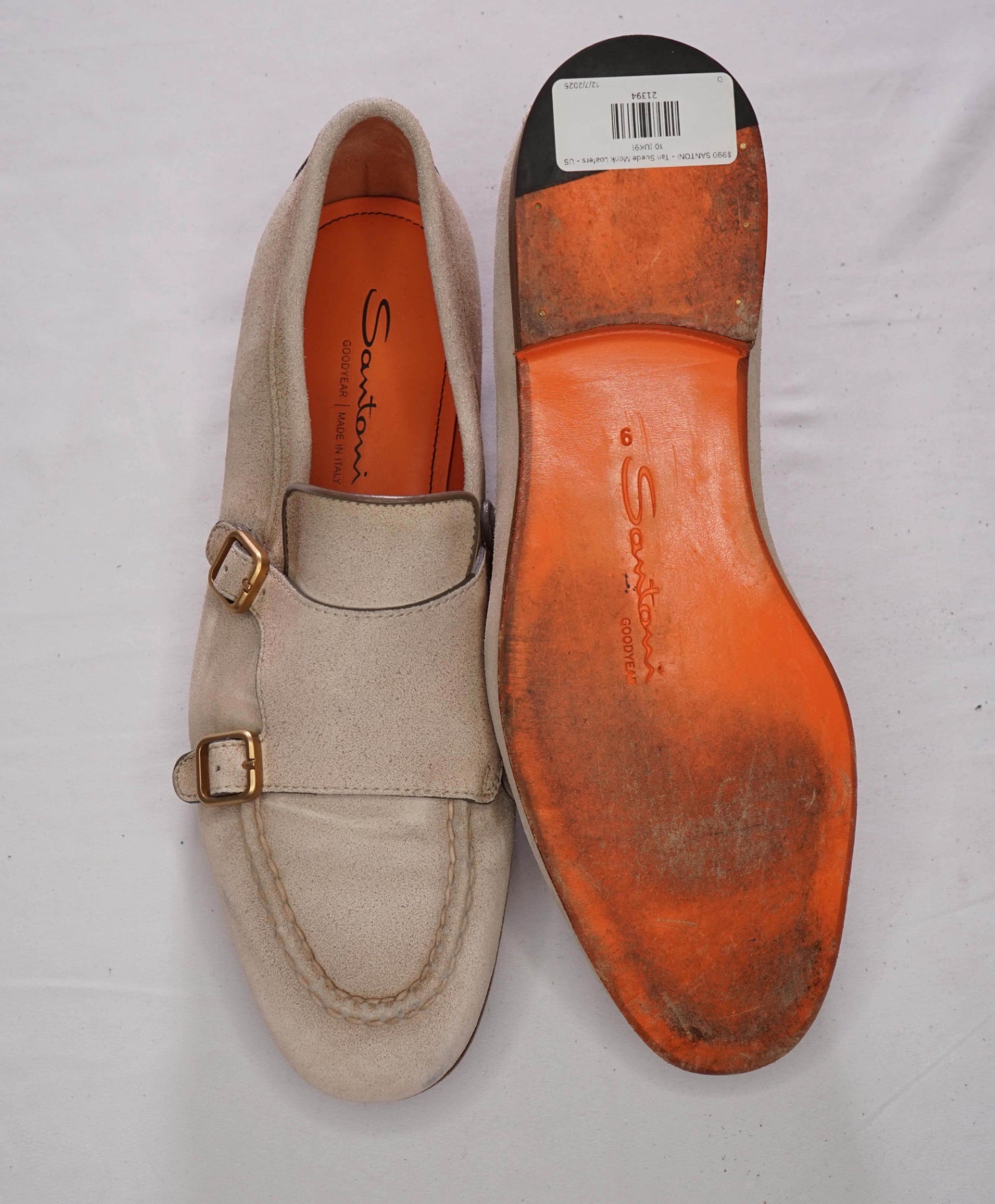 $990 SANTONI - Tan Suede "GOODYEAR" Monk Strap Loafers - US 10 (UK9)
