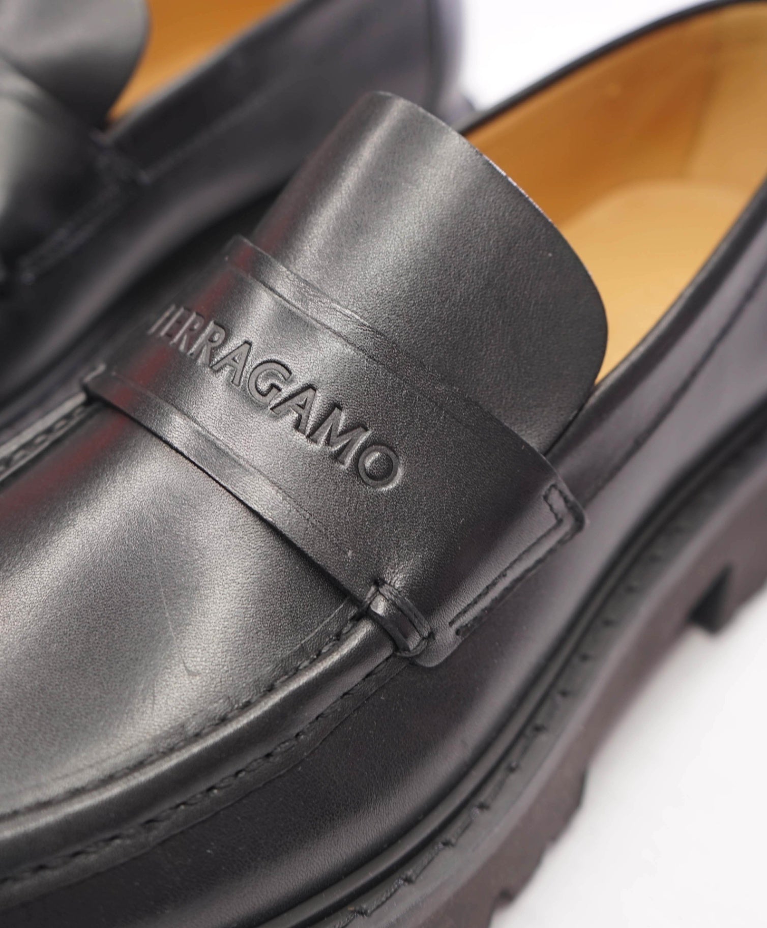 $995 FERRAGAMO - Leather Black "FERGAL" Lug Sole Loafers - 10.5 EE
