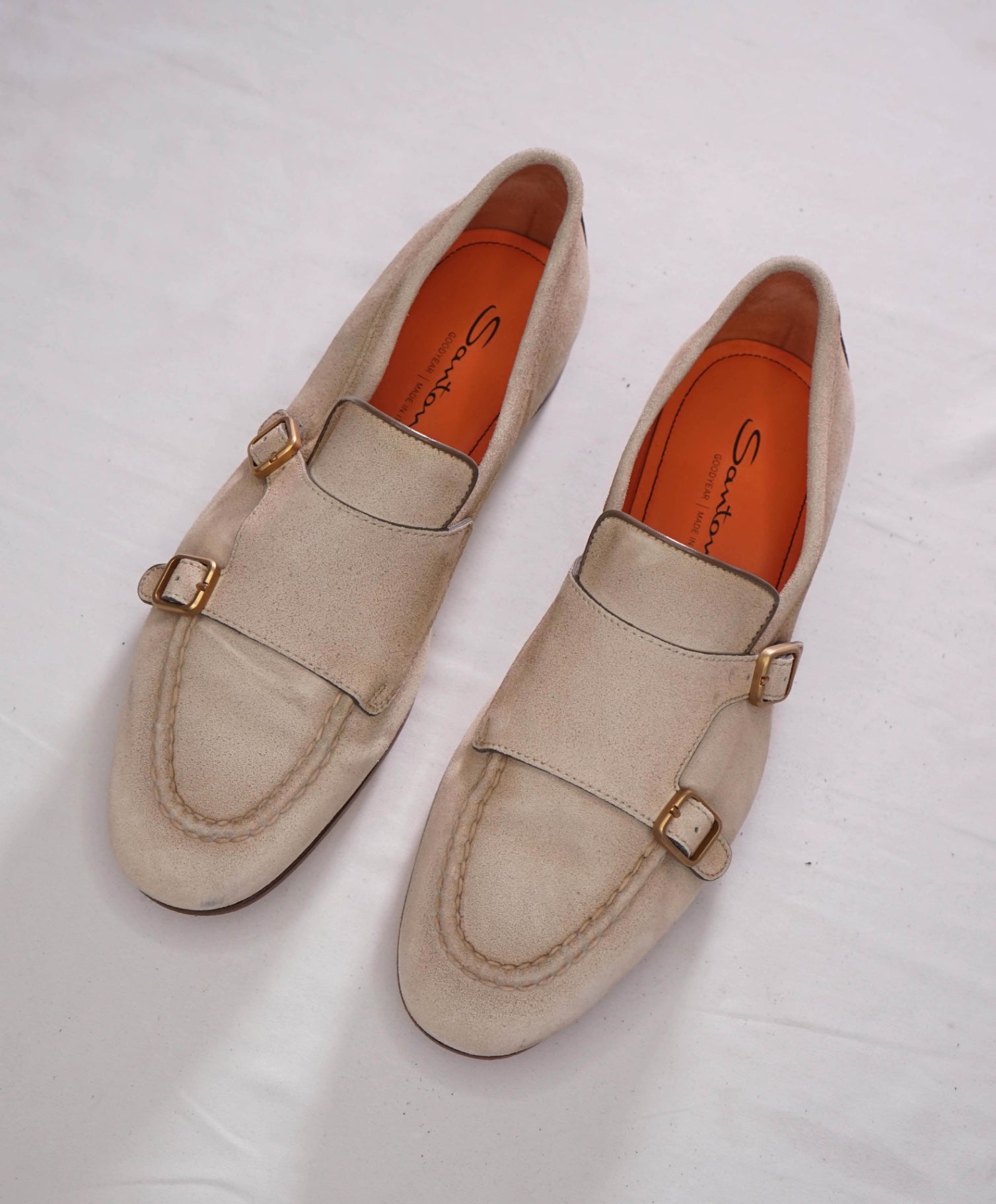 $990 SANTONI - Tan Suede "GOODYEAR" Monk Strap Loafers - US 10 (UK9)