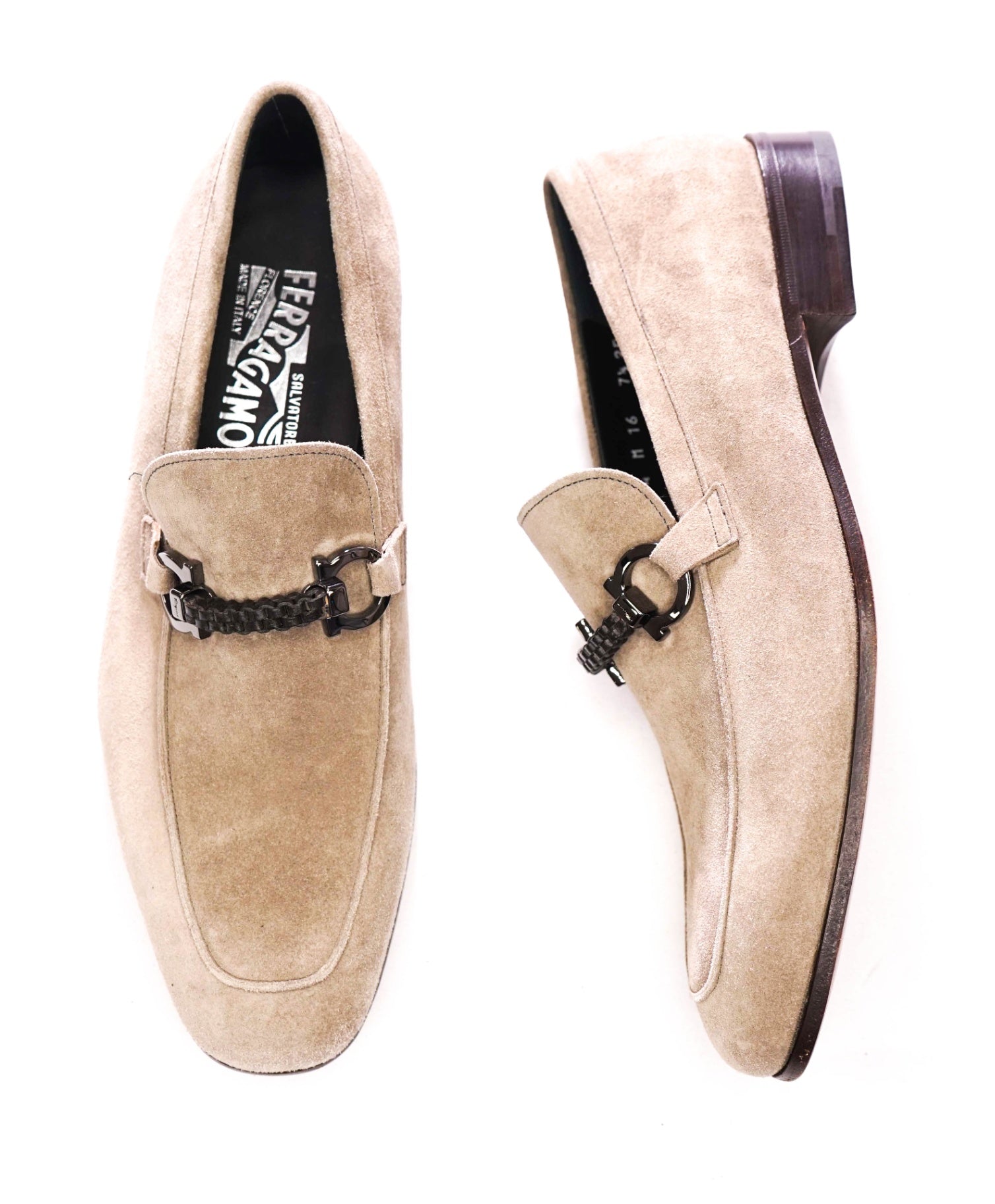 $860 FERRAGAMO - Gray Suede Loafers Gancini Bit - 7.5 EE