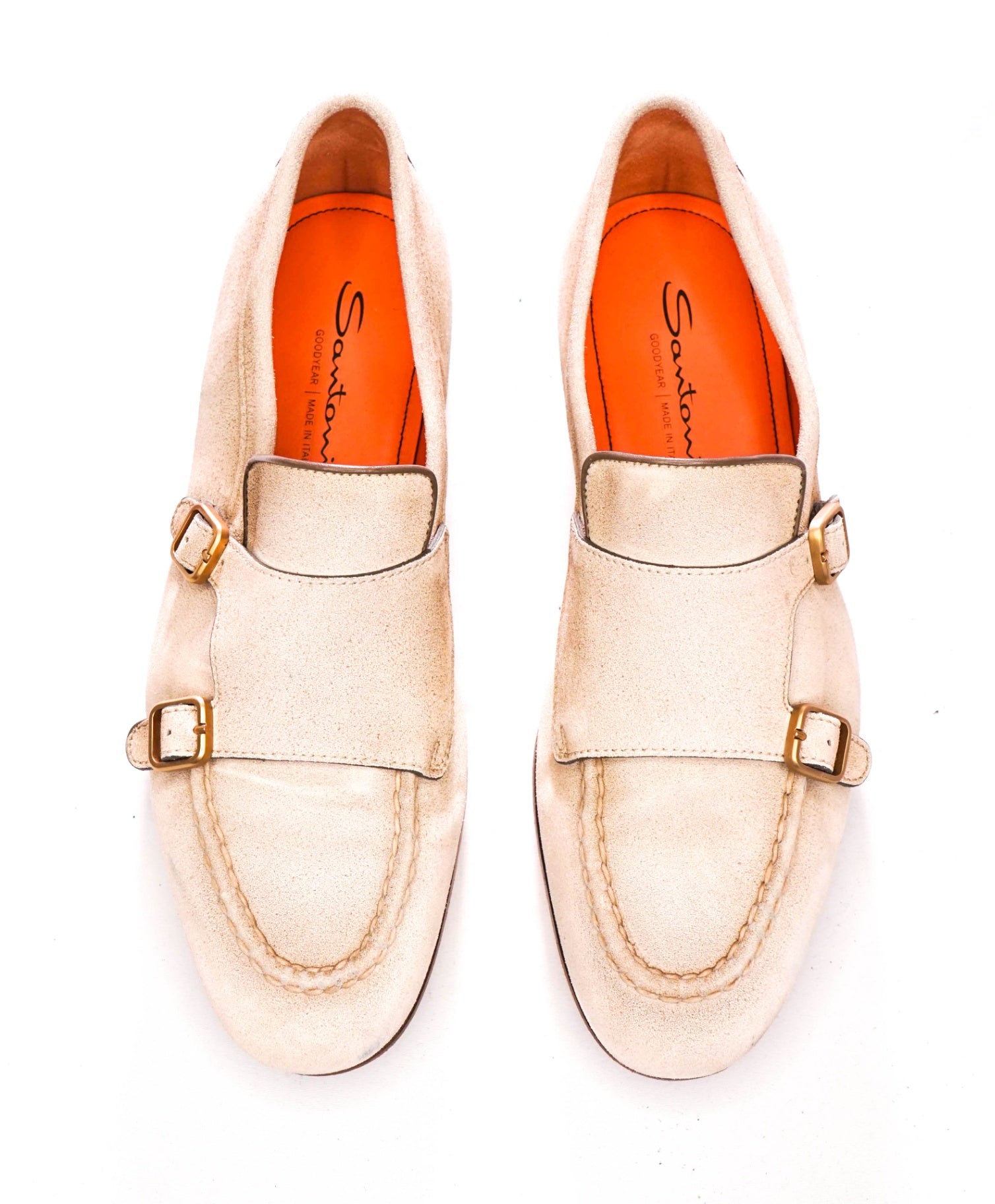 $990 SANTONI - Tan Suede "GOODYEAR" Monk Strap Loafers - US 10 (UK9)