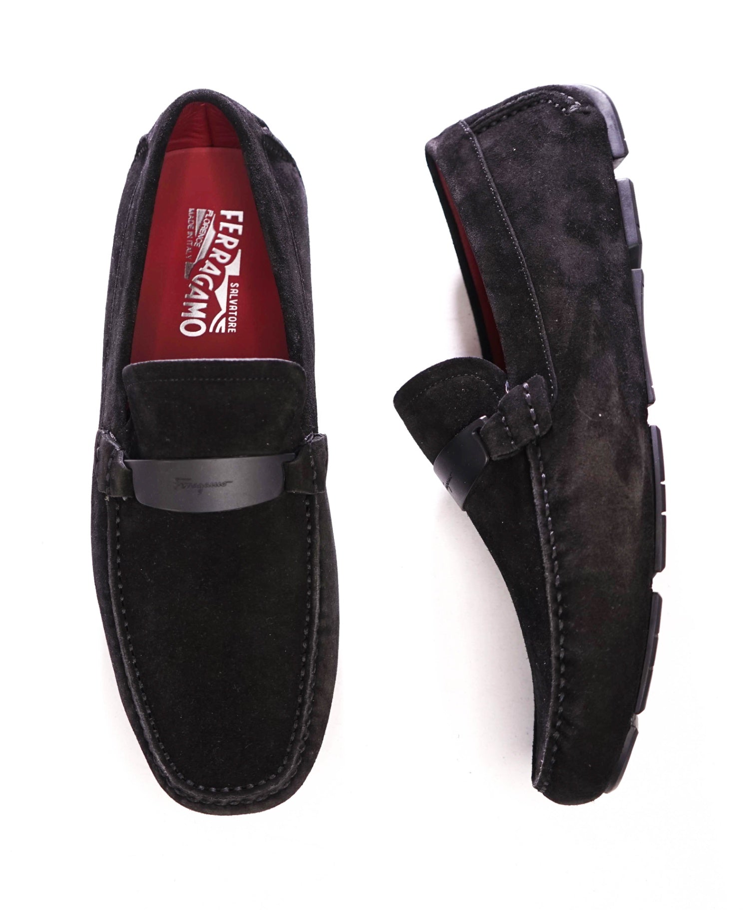 $850 FERRAGAMO - Black Suede Driving Loafers - 10 EE