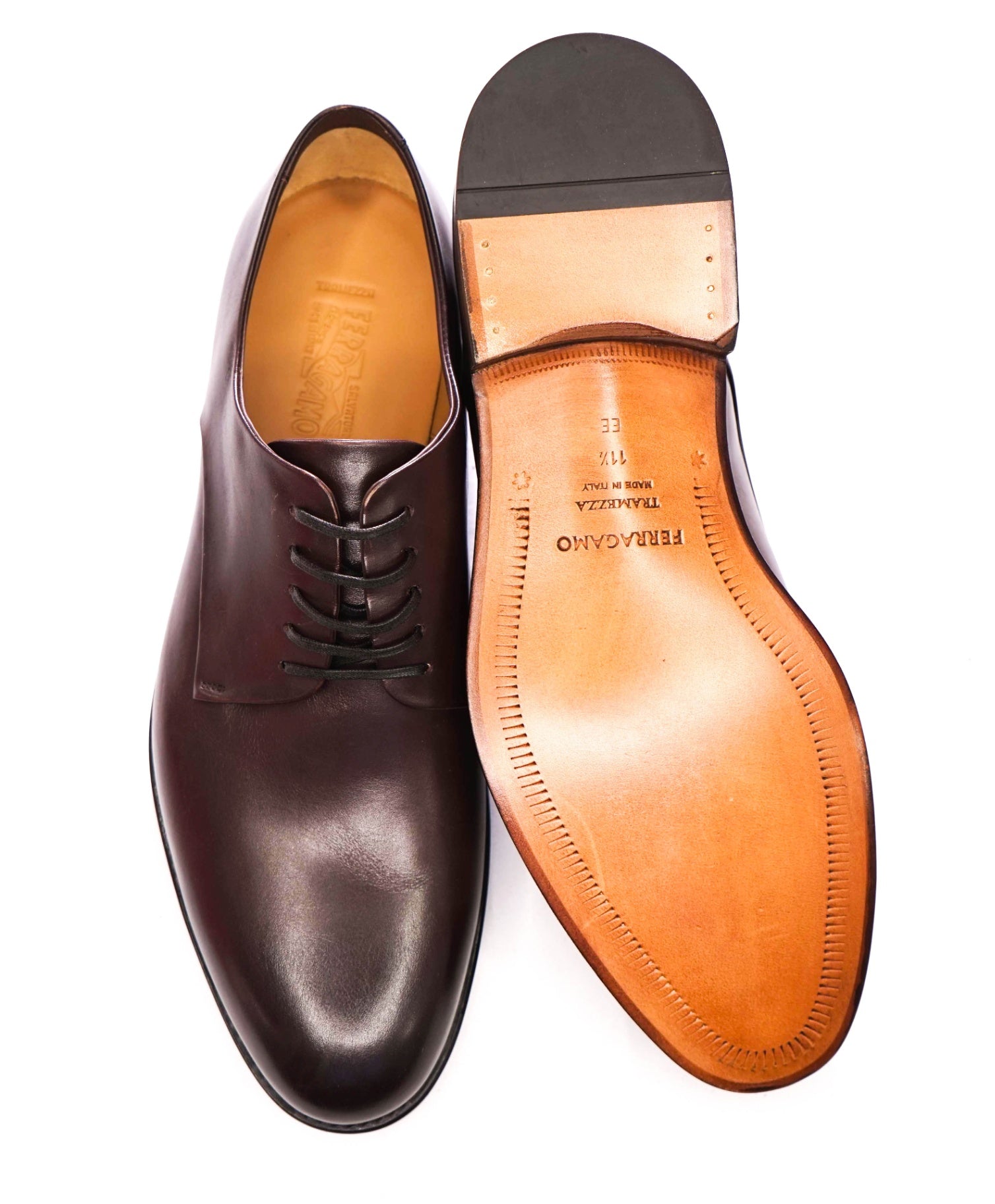$1,450 FERRAGAMO - "TRAMEZZA" Brown Leather *FINN* Derbies - 11.5 EE