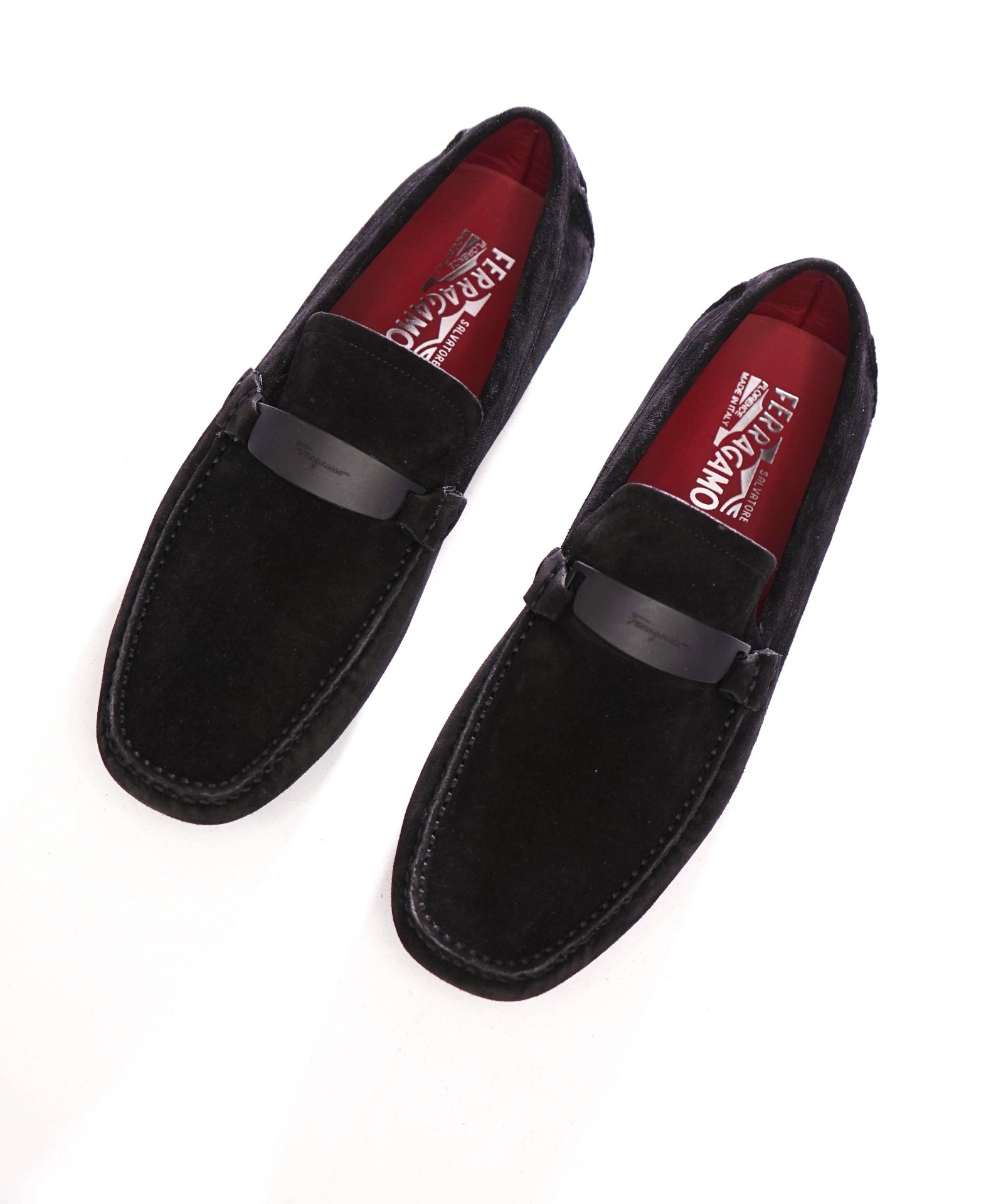 $850 FERRAGAMO - Black Suede Driving Loafers - 10 EE