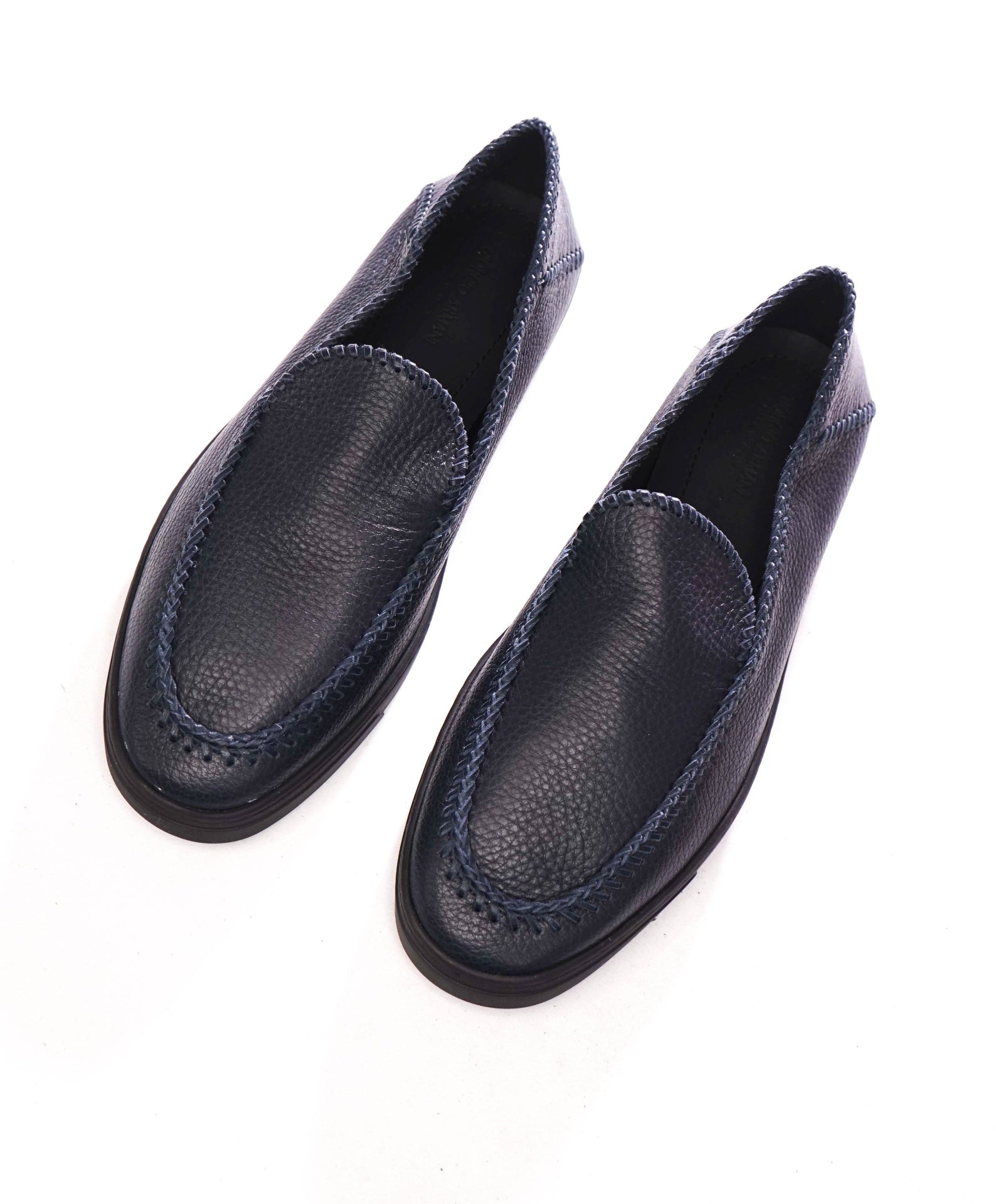 $1,400 GIORGIO ARMANI - Navy Blue Leather Whipstitch-detail Loafers - 9.5