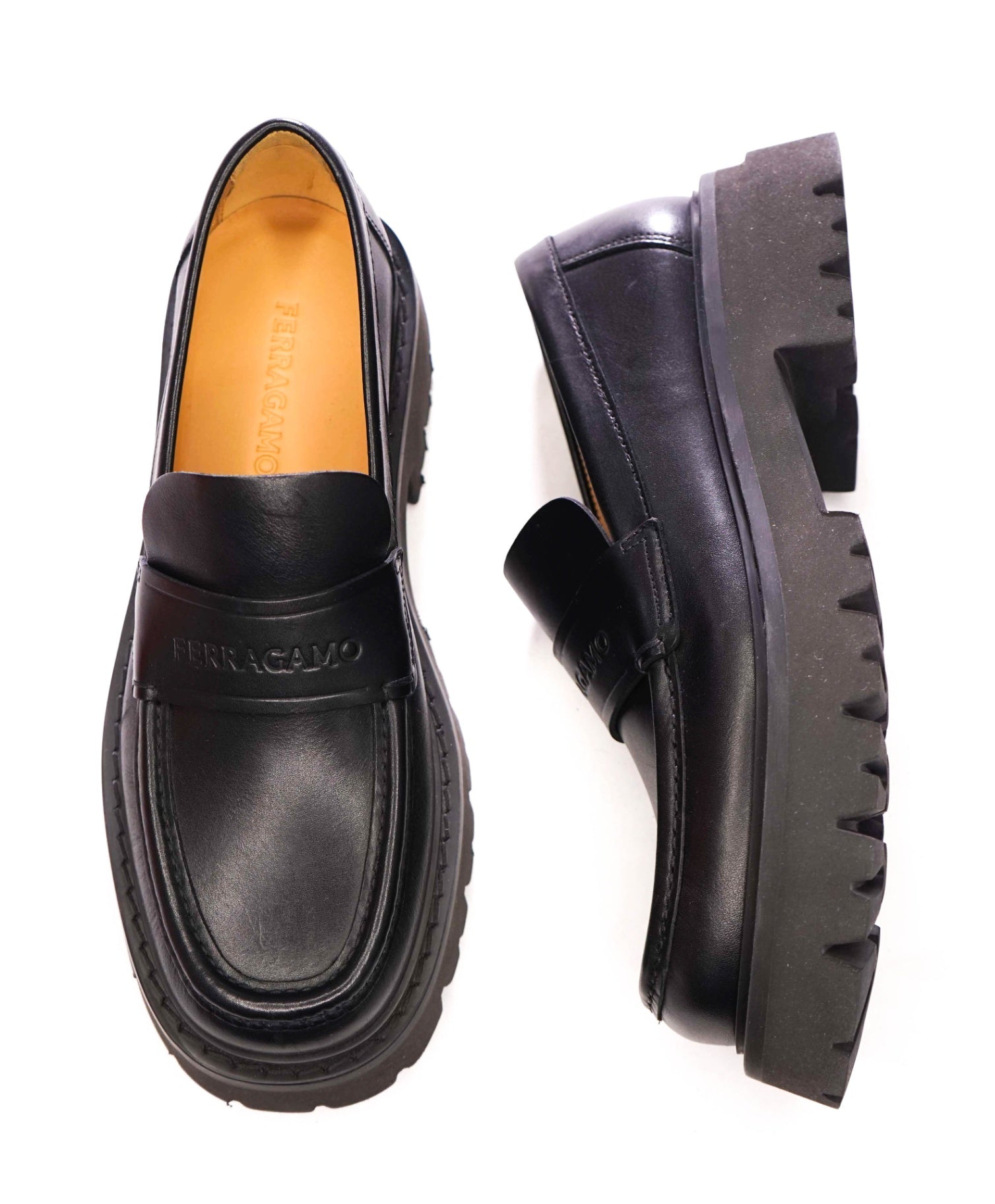 $995 FERRAGAMO - Leather Black "FERGAL" Lug Sole Loafers - 10.5 EE