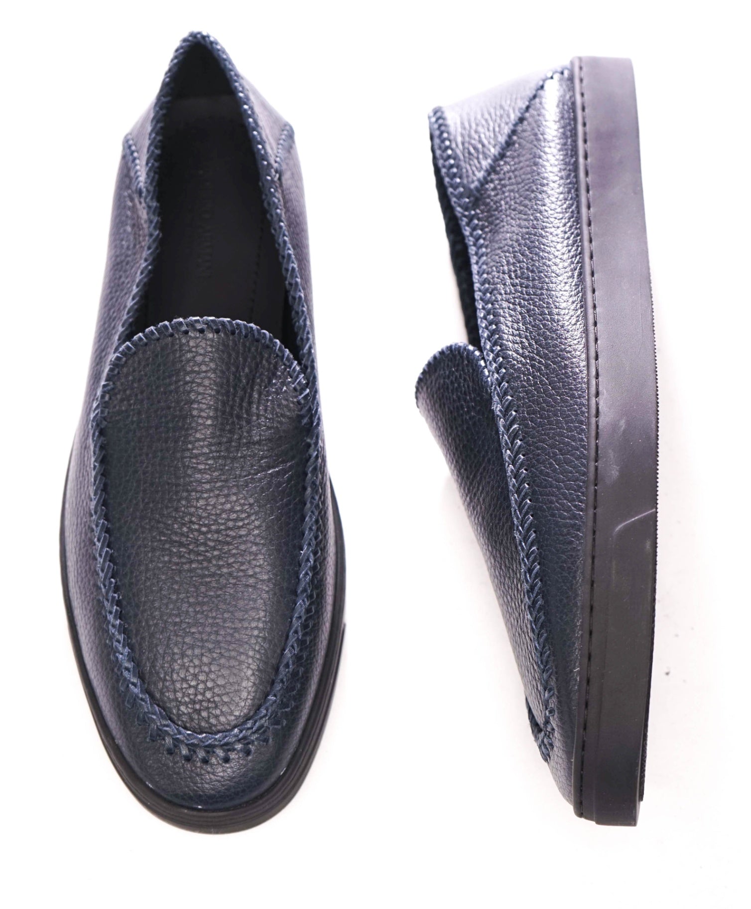 $1,400 GIORGIO ARMANI - Navy Blue Leather Whipstitch-detail Loafers - 9.5