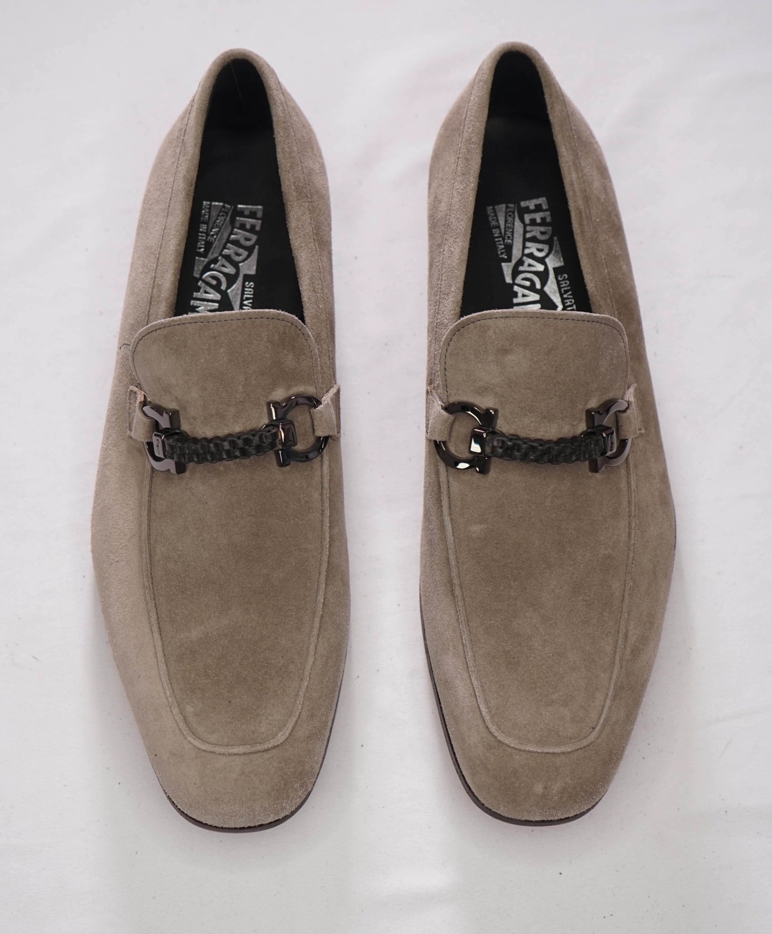 $860 FERRAGAMO - Gray Suede Loafers Gancini Bit - 7.5 EE