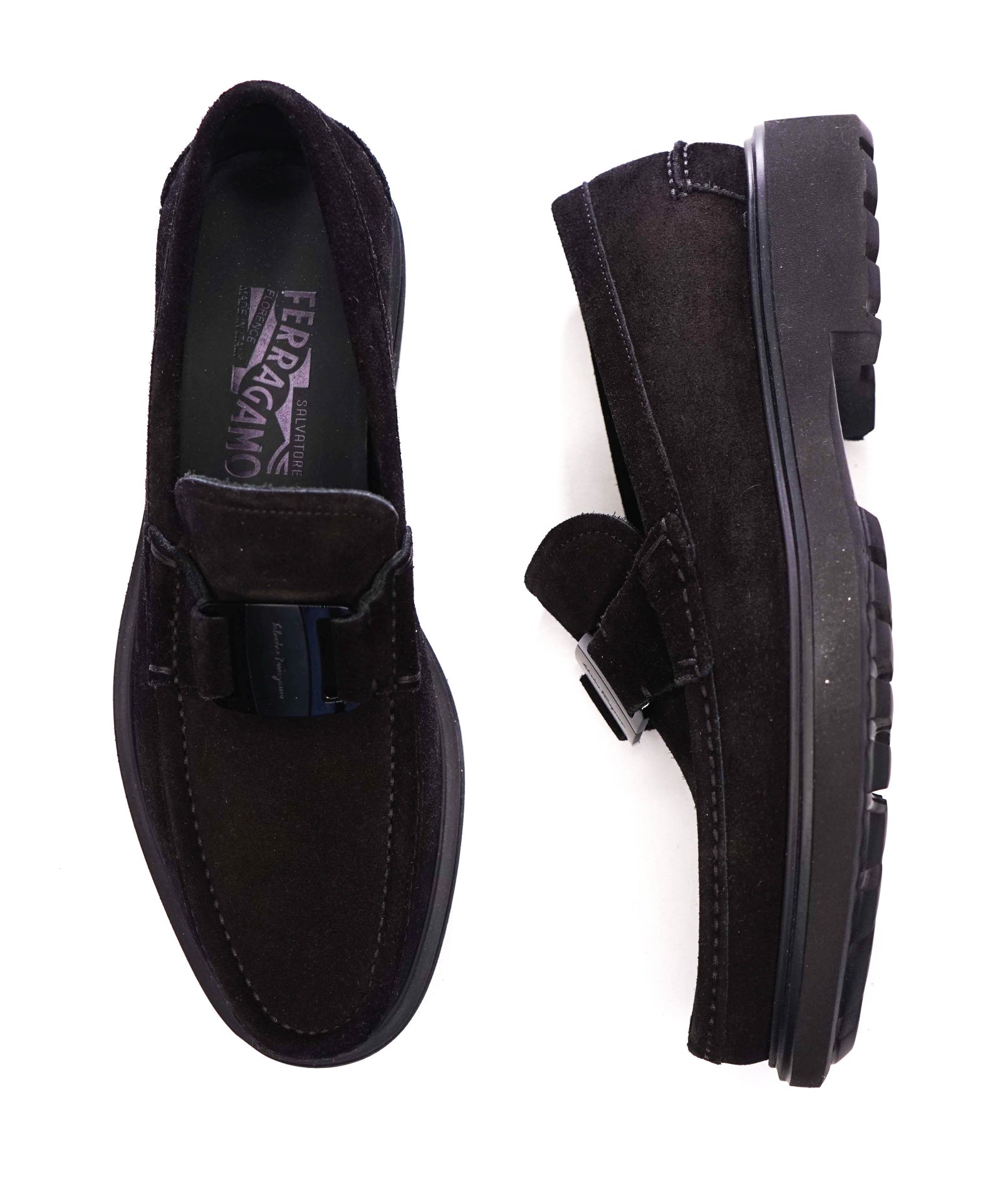 $850 FERRAGAMO - Black Suede *GRIMES* Sardegna Buckle Loafers - 8 D