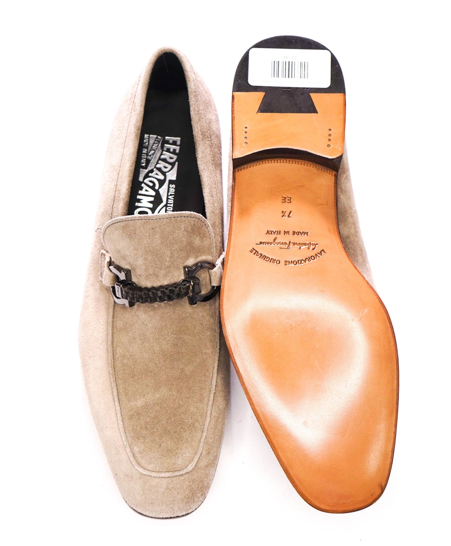 $860 FERRAGAMO - Gray Suede Loafers Gancini Bit - 7.5 EE