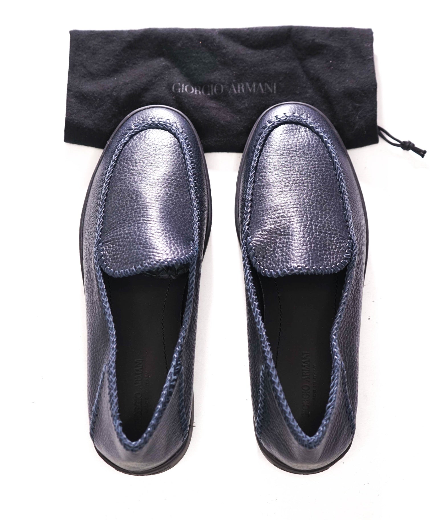 $1,400 GIORGIO ARMANI - Navy Blue Leather Whipstitch-detail Loafers - 9.5