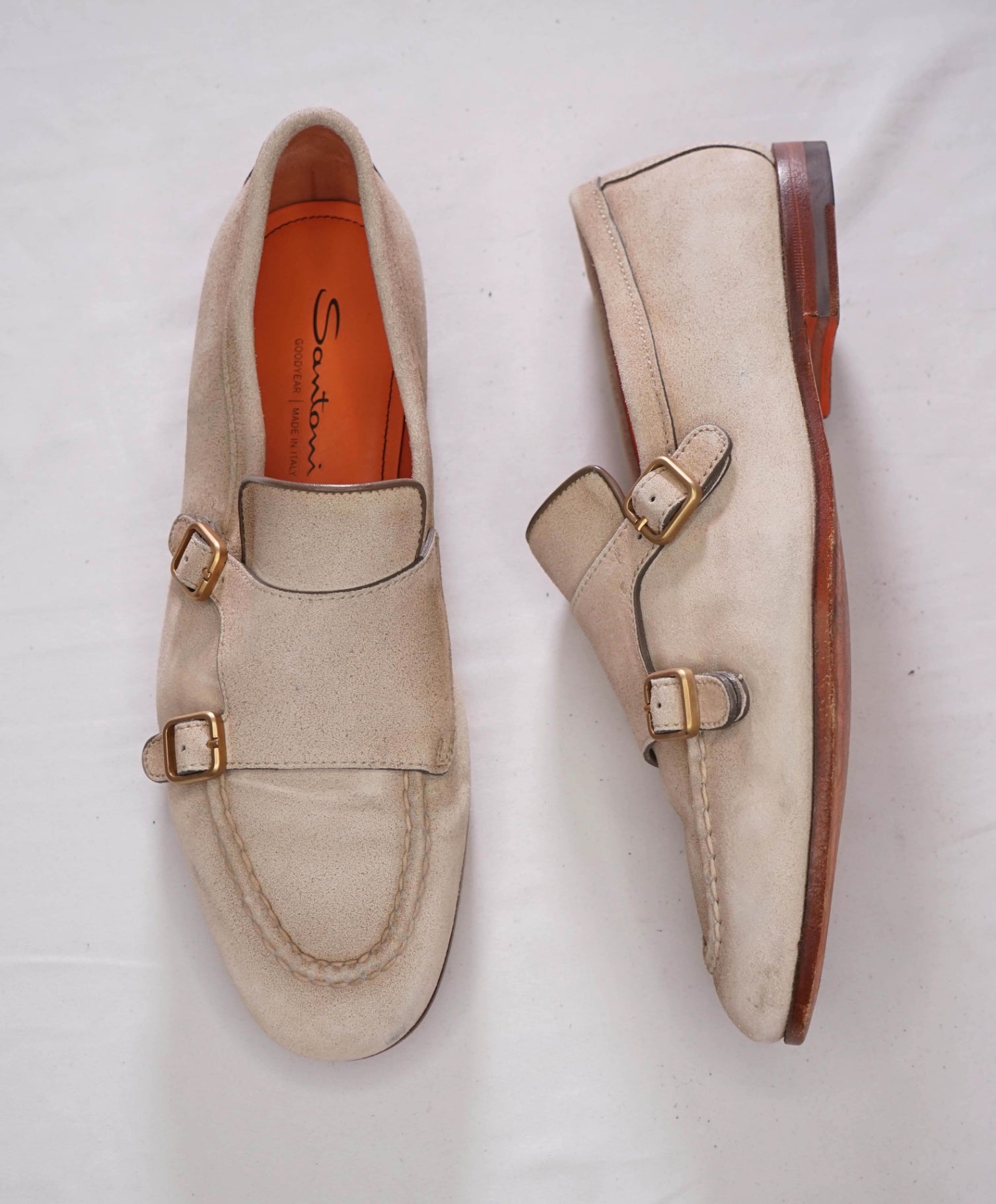 $990 SANTONI - Tan Suede "GOODYEAR" Monk Strap Loafers - US 10 (UK9)
