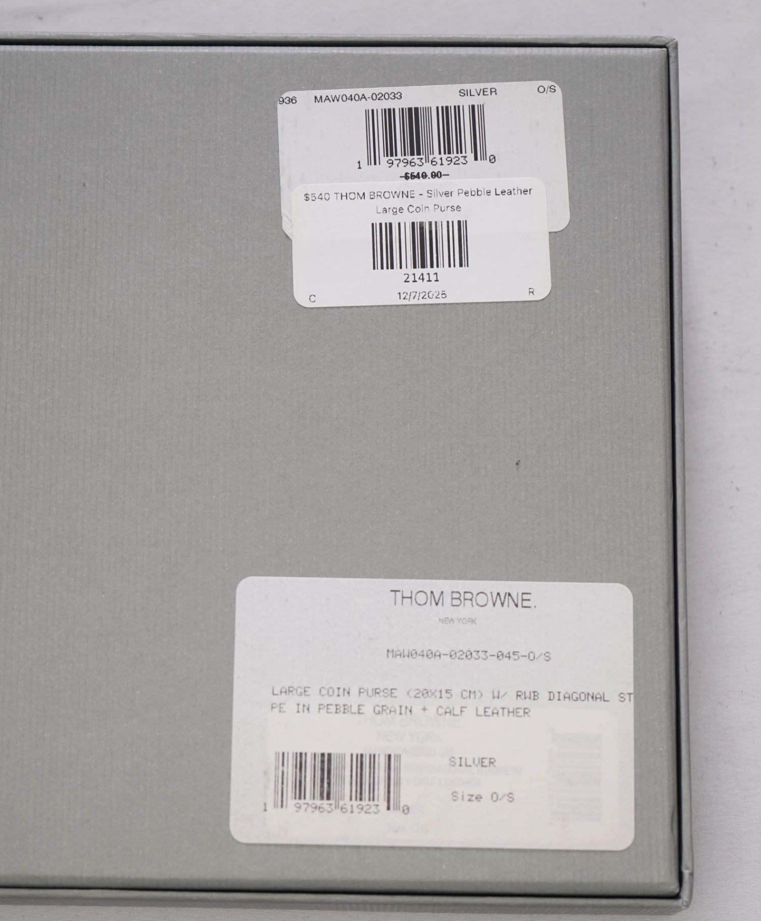 $540 THOM BROWNE - Silver Pebble Leather Large Coin Purse