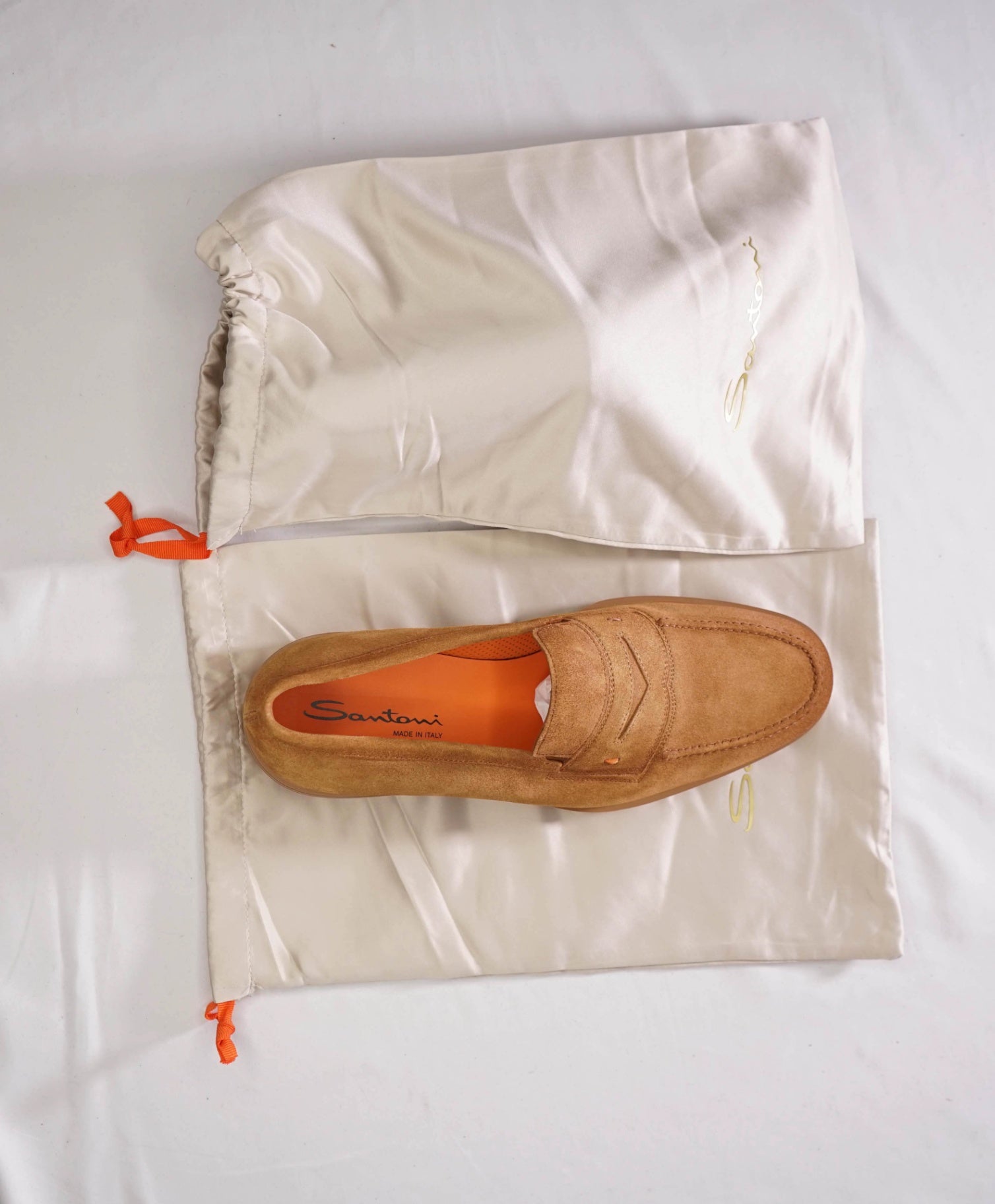 $750 SANTONI "Easy" Light Brown Sand Suede Loafers - US 9.5 (UK8.5)