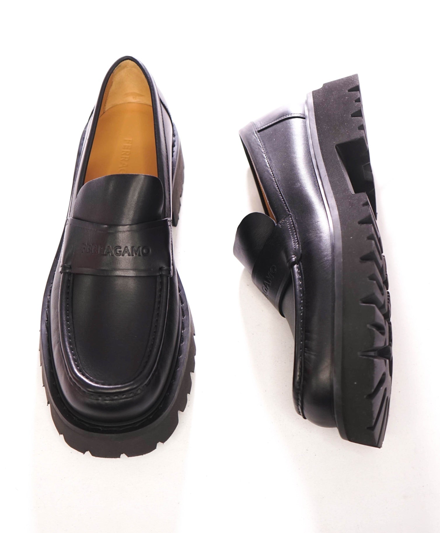 $995 FERRAGAMO - Leather Black "FERGAL" Lug Sole Loafers - 11 EE