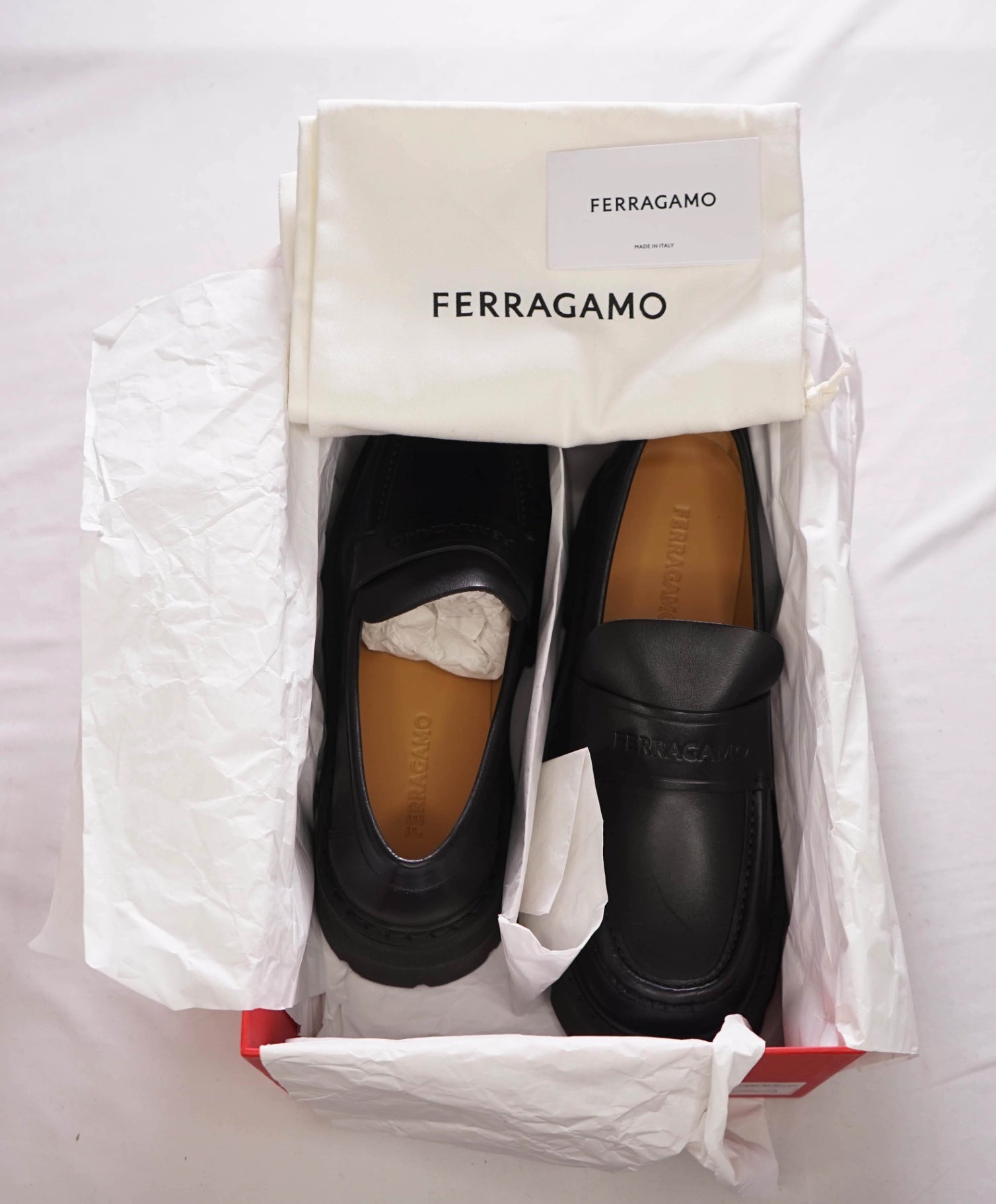 $995 FERRAGAMO - Leather Black "FERGAL" Lug Sole Loafers - 8.5 EE