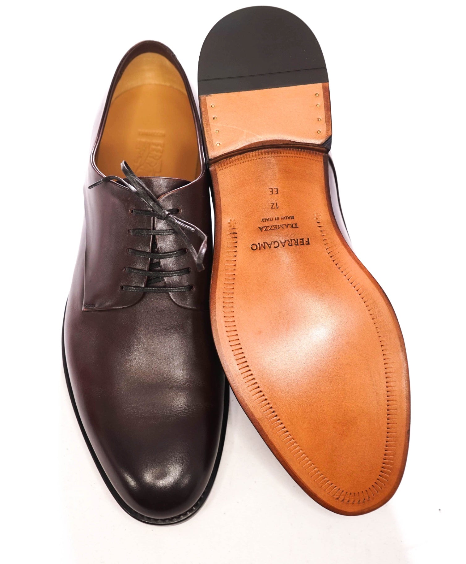$1,450 FERRAGAMO - "TRAMEZZA" Brown Leather *FINN* Derbies - 12 EE