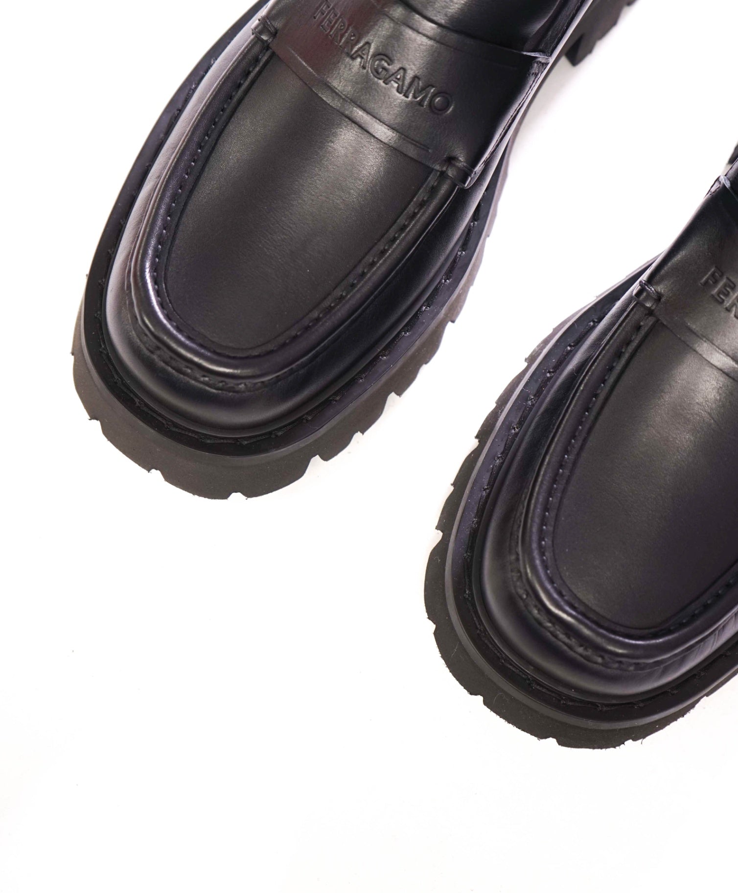 $995 FERRAGAMO - Leather Black "FERGAL" Lug Sole Loafers - 11 EE