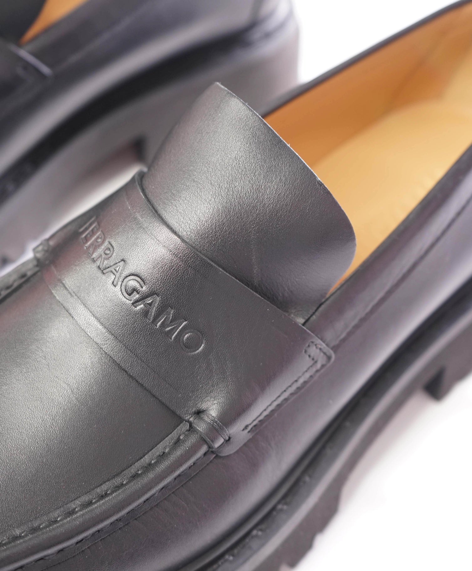 $995 FERRAGAMO - Leather Black "FERGAL" Lug Sole Loafers - 11 EE