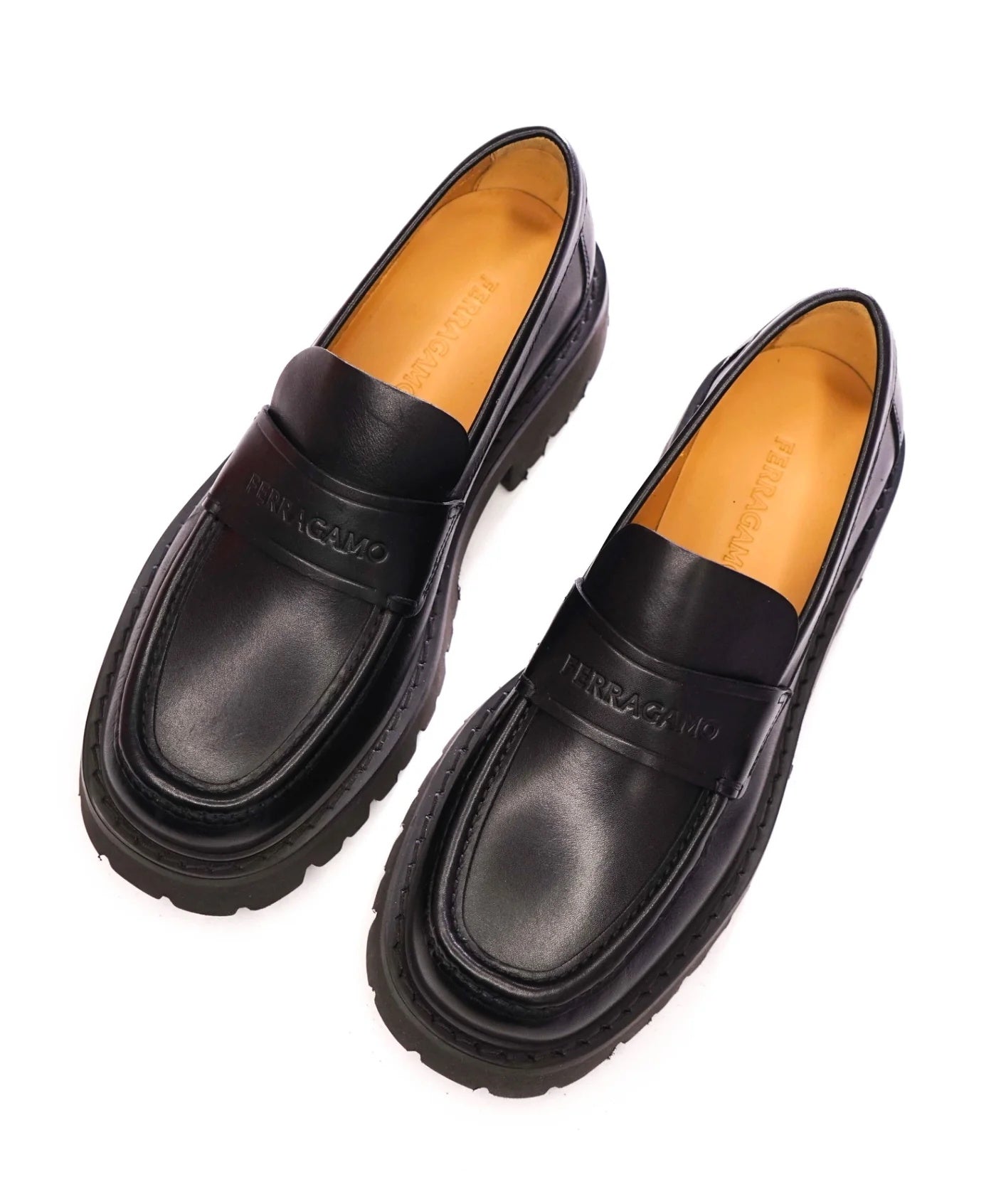 $995 FERRAGAMO - Leather Black "FERGAL" Lug Sole Loafers - 8.5 EE