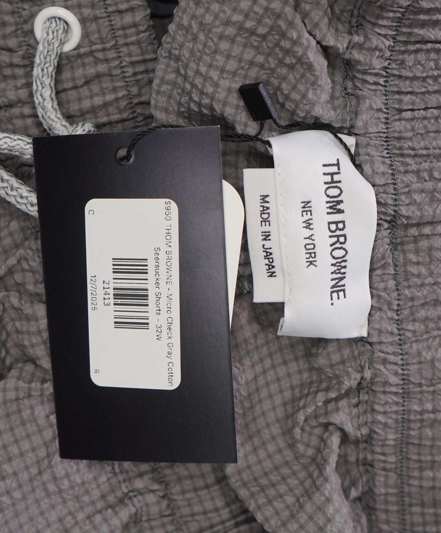 $950 THOM BROWNE - Micro Check Gray Cotton Seersucker Shorts - 32W