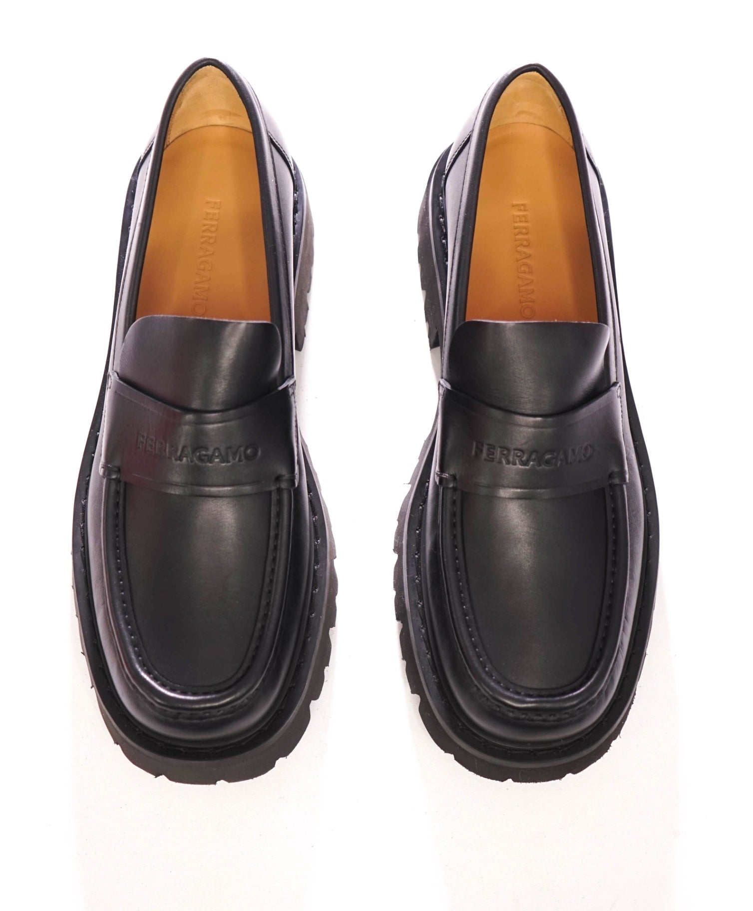 $995 FERRAGAMO - Leather Black "FERGAL" Lug Sole Loafers - 11 EE