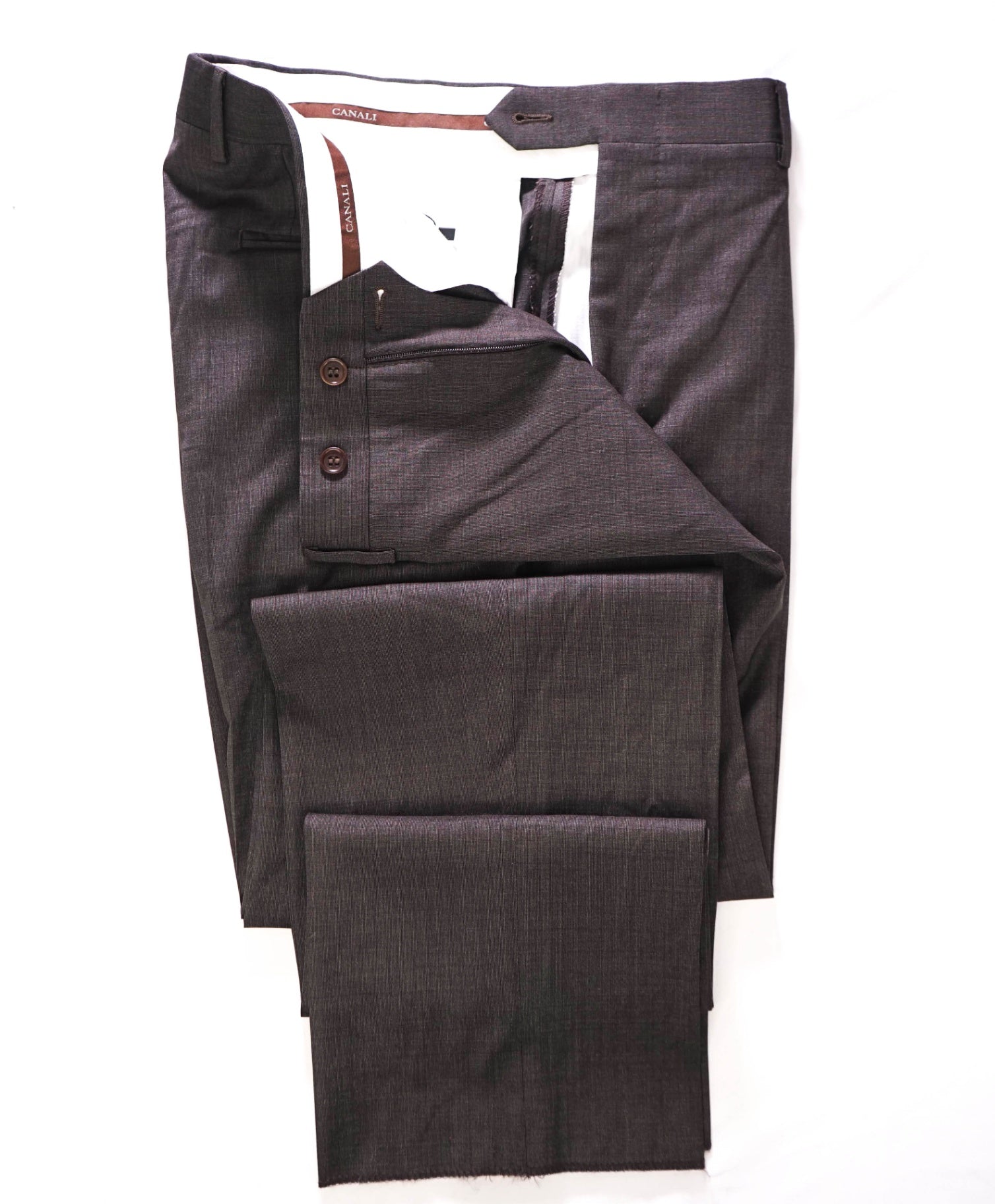 $625 CANALI - Solid Brown Wool Flat Front Dress Pants - 34W