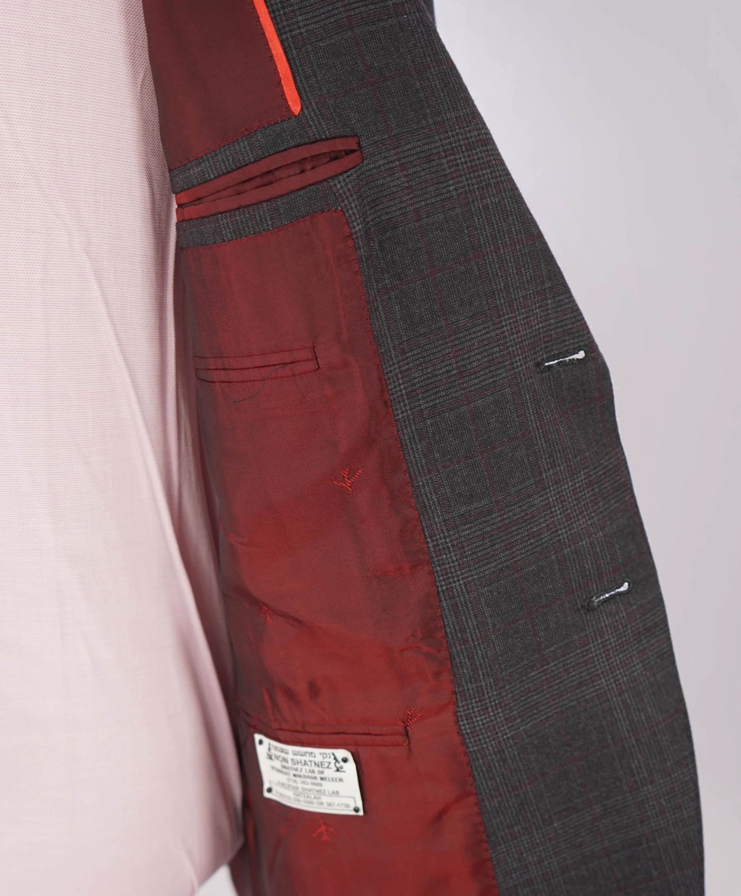 $5,400 ISAIA - Gray/Red Check Peak Lapel Suit - Custom: Fits 40R (52EU Tag)