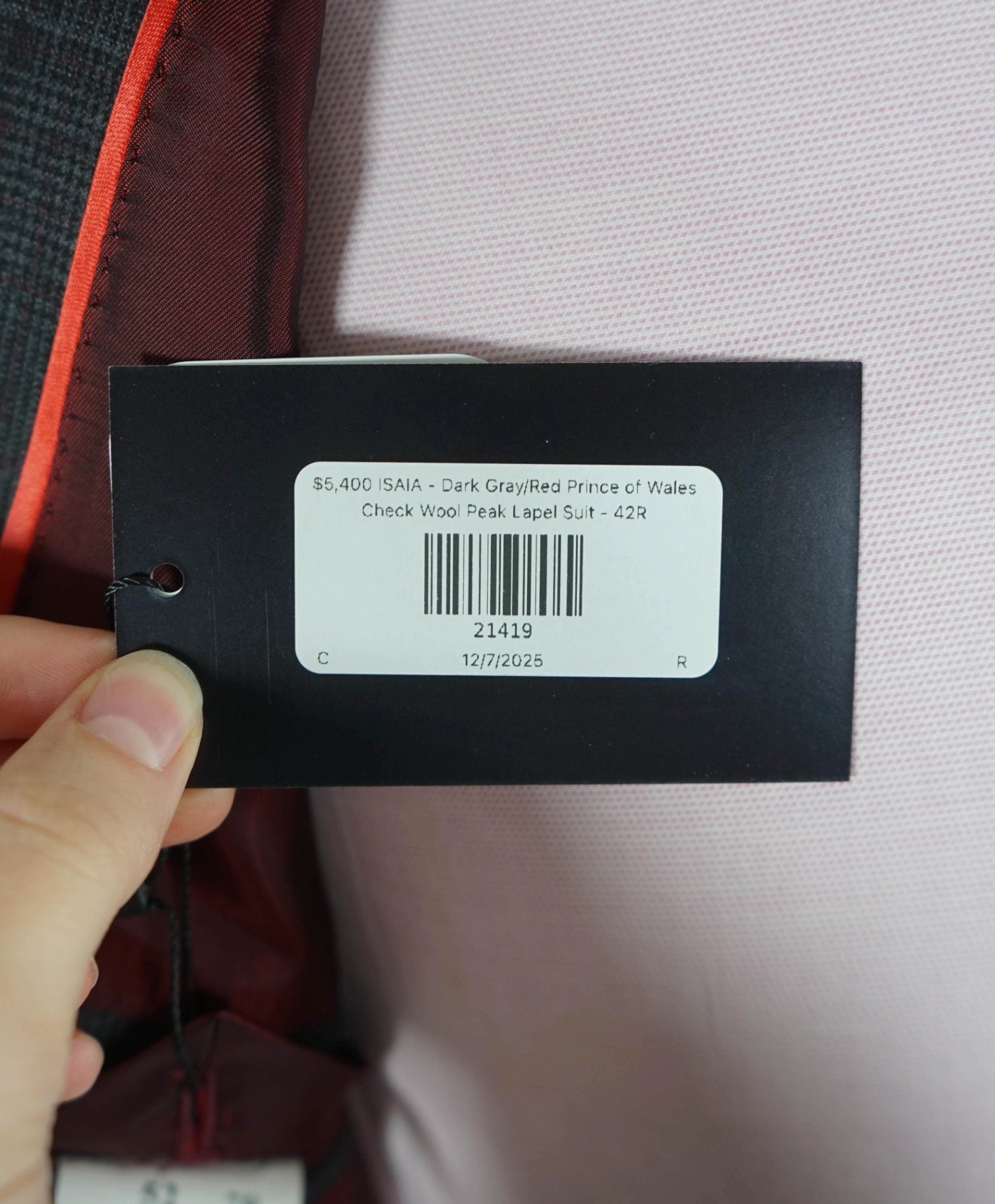 $5,400 ISAIA - Gray/Red Check Peak Lapel Suit - Custom: Fits 40R (52EU Tag)