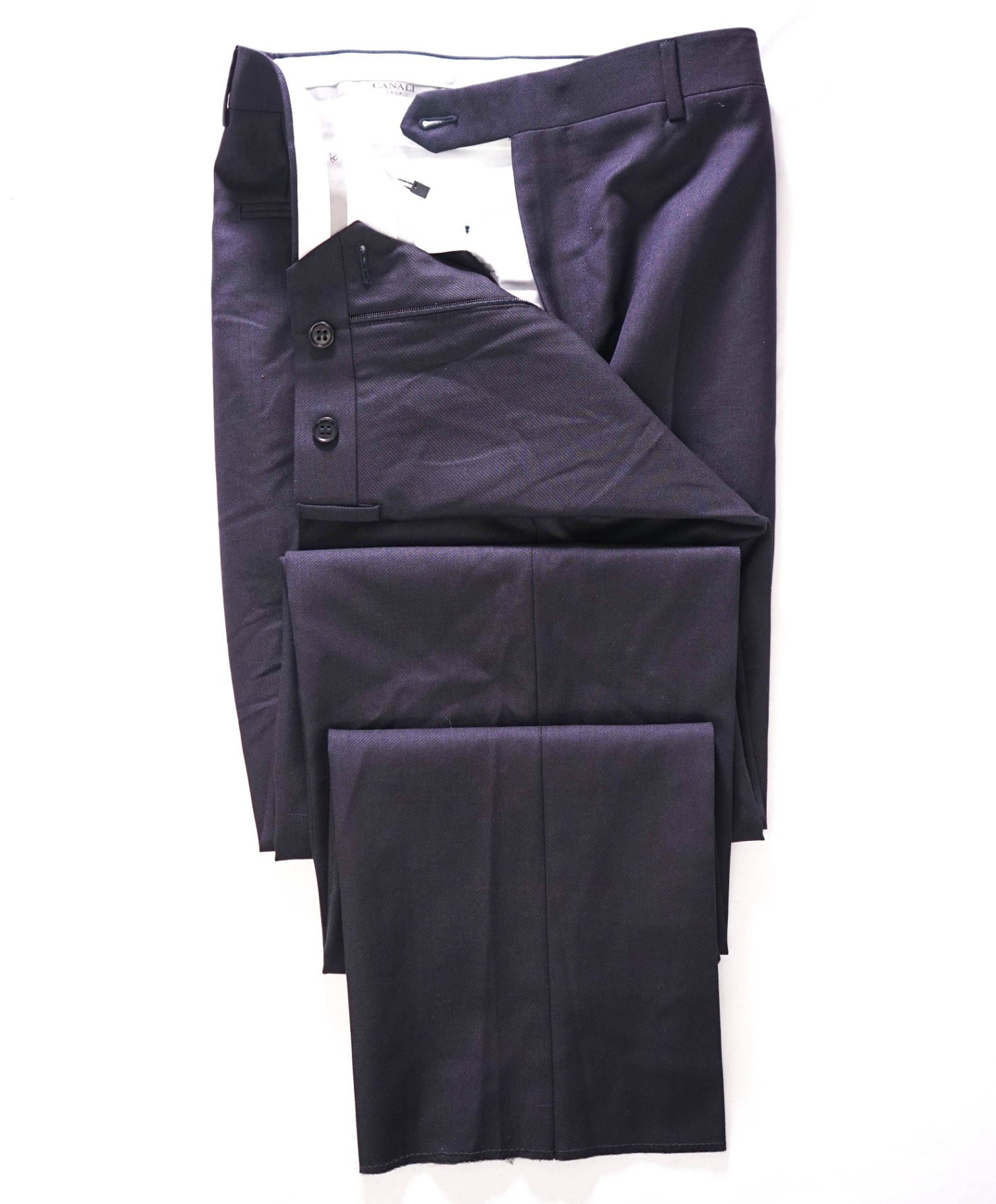 $625 Canali - Solid Navy Blue Wool Flat Front Dress Pants - 34W